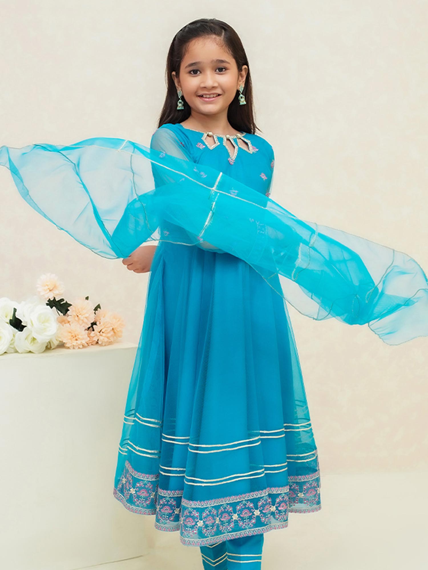 Kids Sky Blue Embroidered Net Suit