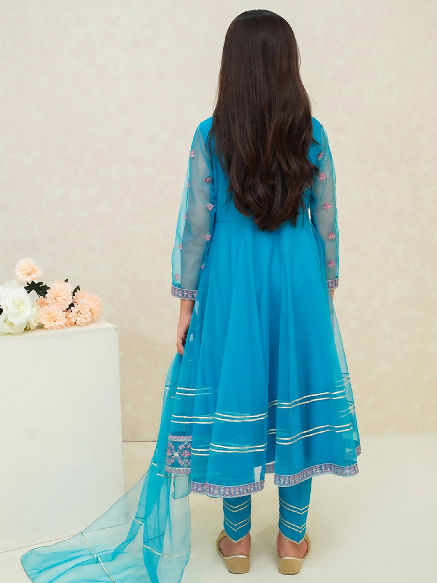 Kids Sky Blue Embroidered Net Suit