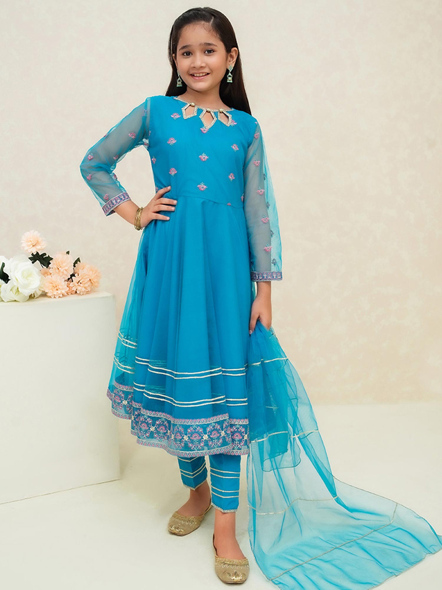 Kids Sky Blue Embroidered Net Suit