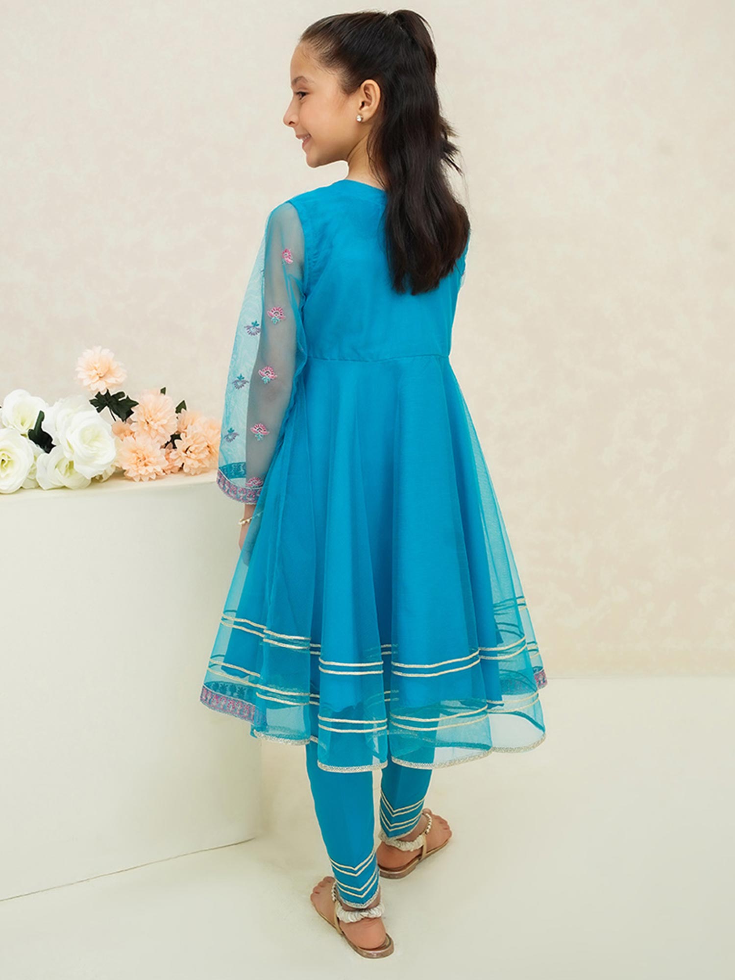 Kids Sky Blue Embroidered Net Suit