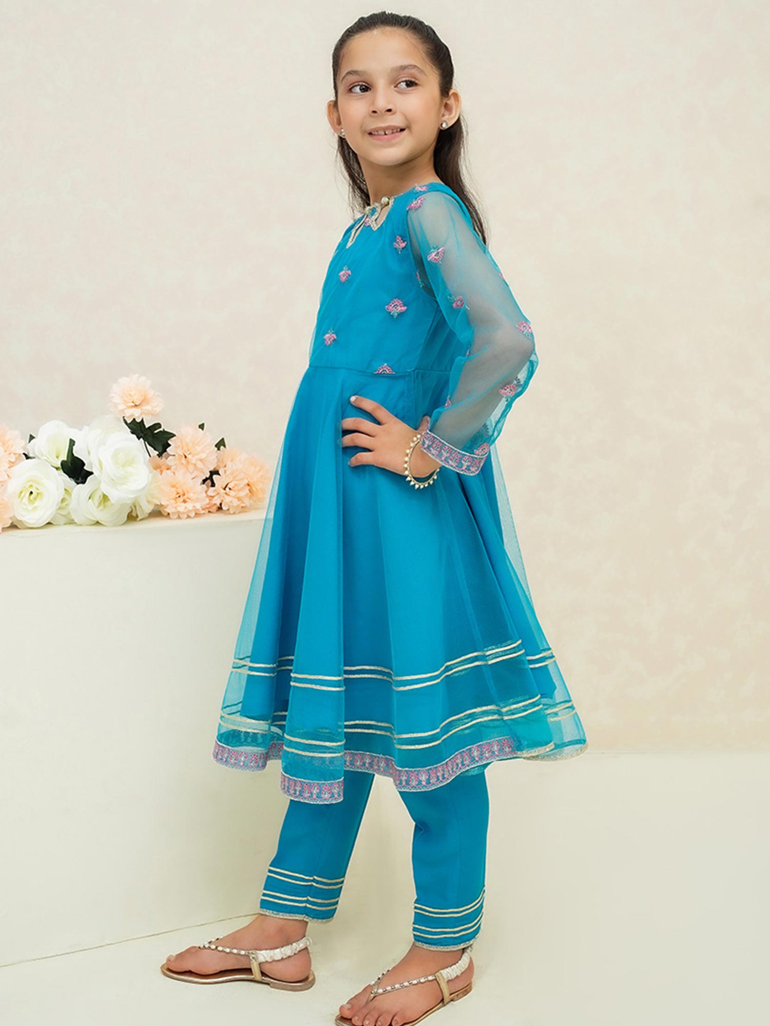 Kids Sky Blue Embroidered Net Suit