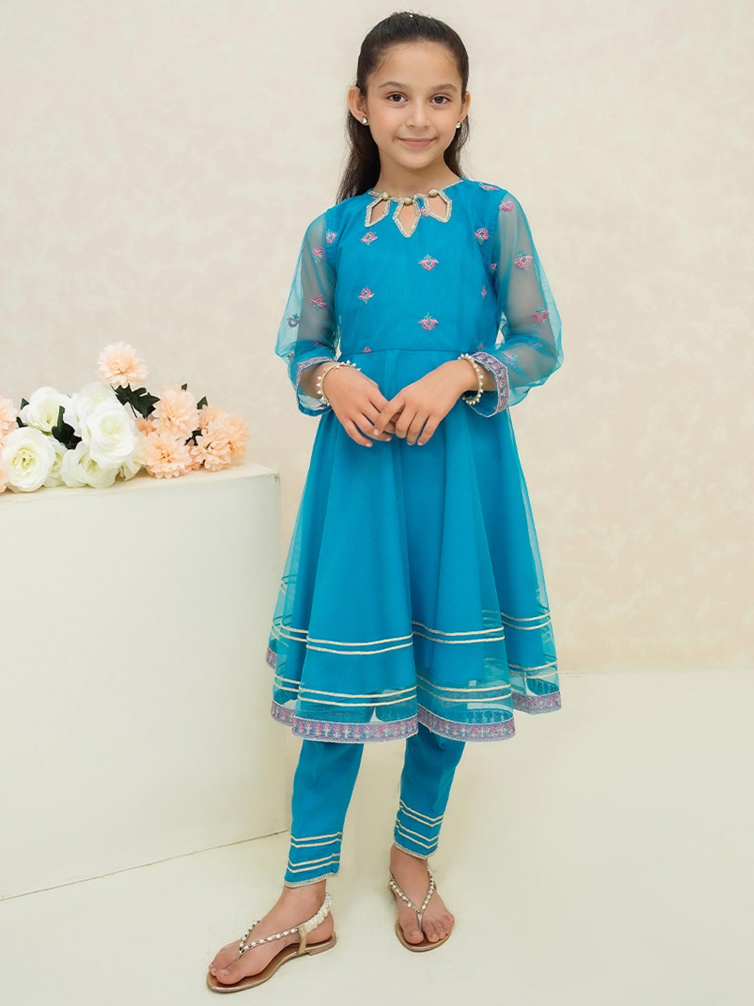 Kids Sky Blue Embroidered Net Suit