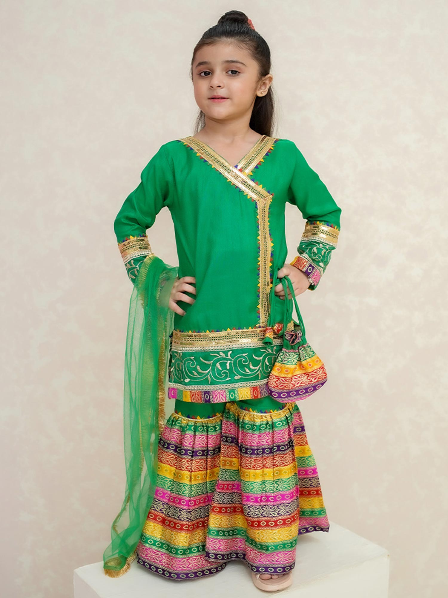 Kids Green Rawsilk Angrakha Suit with Jamawar Gharara