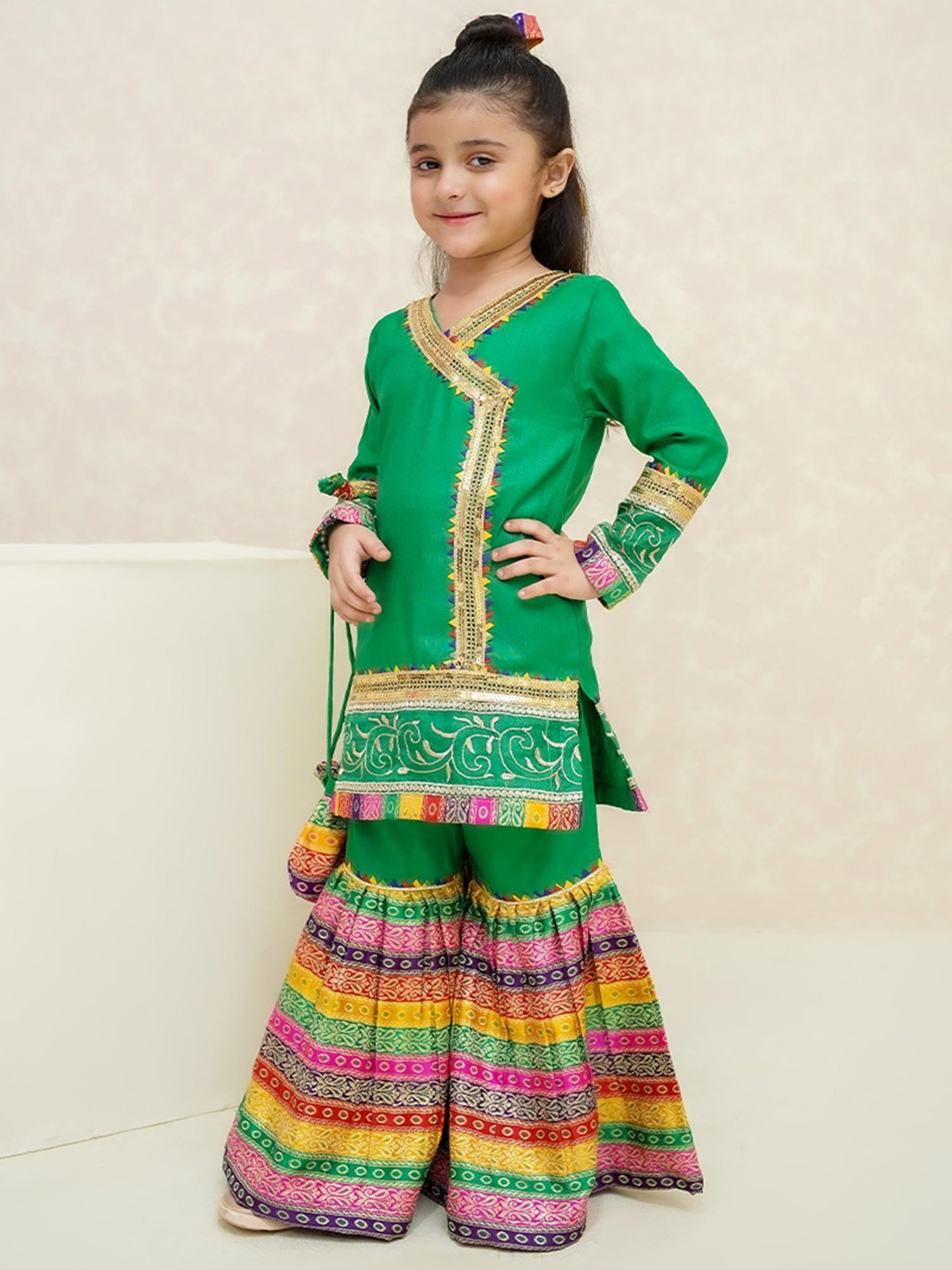 Kids Green Rawsilk Angrakha Suit with Jamawar Gharara