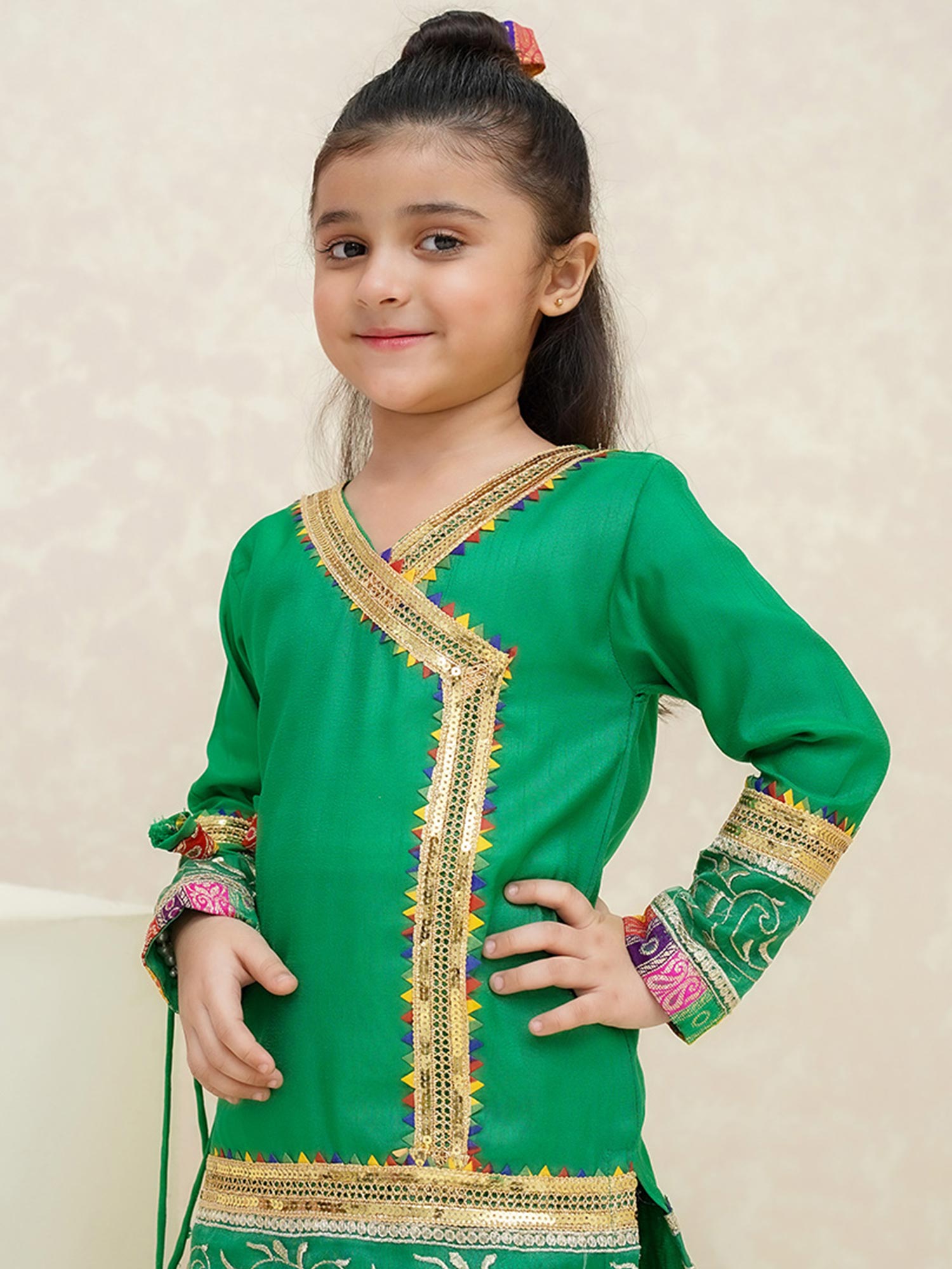 Kids Green Rawsilk Angrakha Suit with Jamawar Gharara