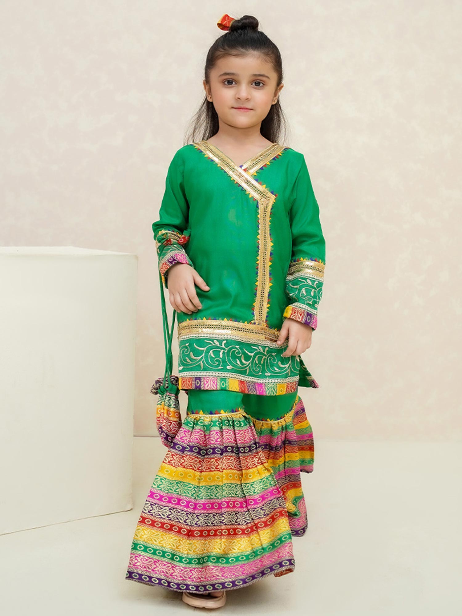 Kids Green Rawsilk Angrakha Suit with Jamawar Gharara