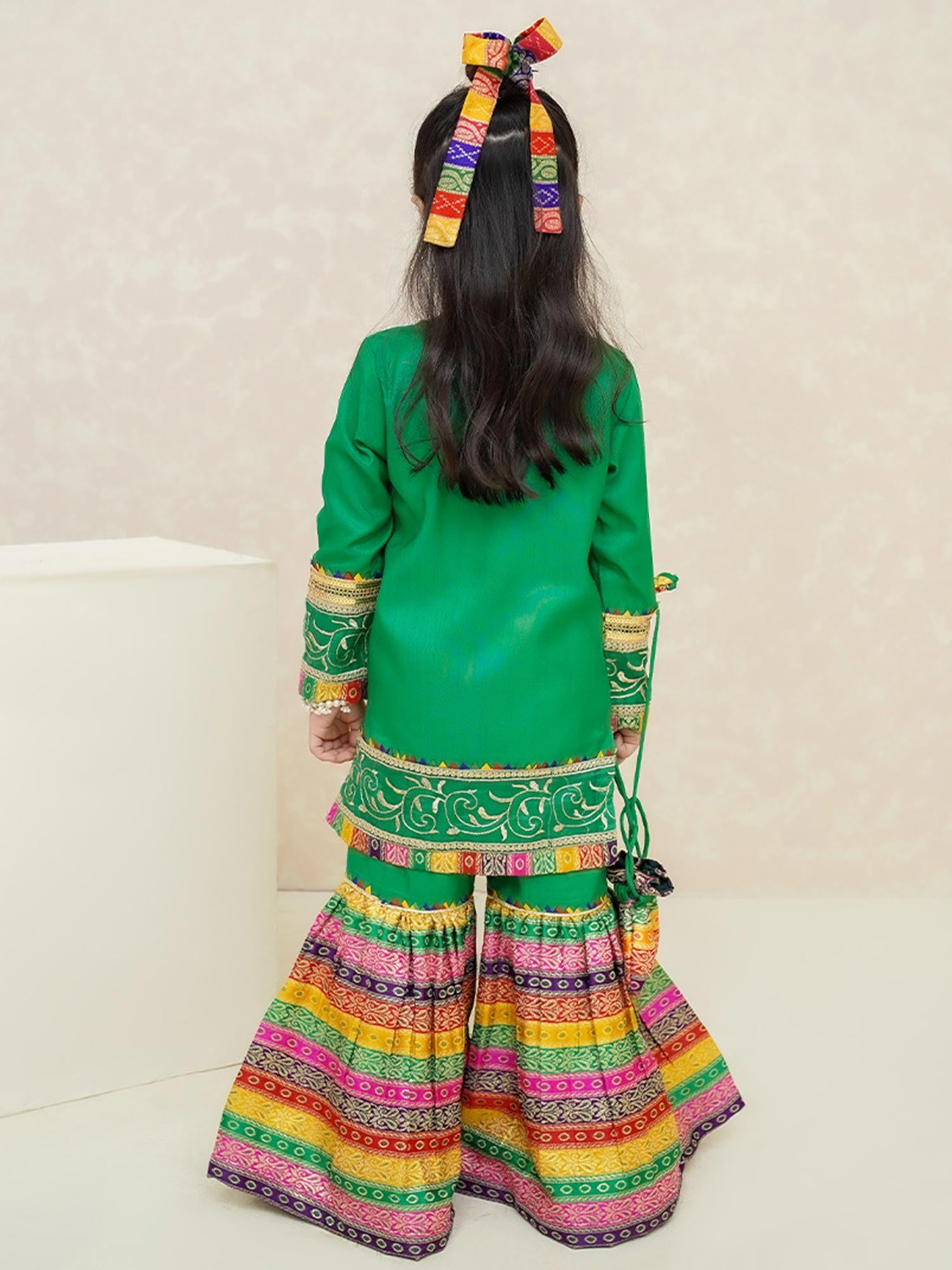 Kids Green Rawsilk Angrakha Suit with Jamawar Gharara