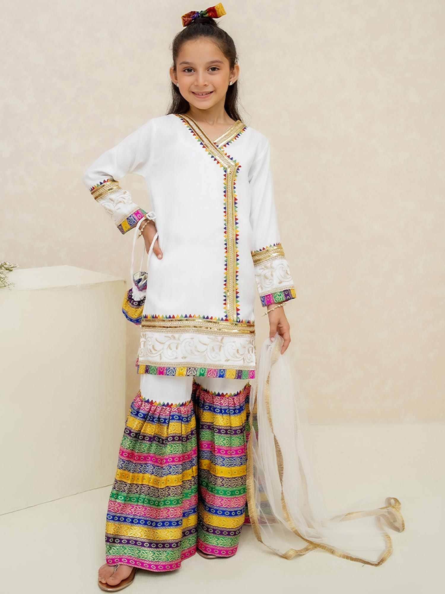 Kids White Rawsilk Angrakha Suit with Jamawar Gharara