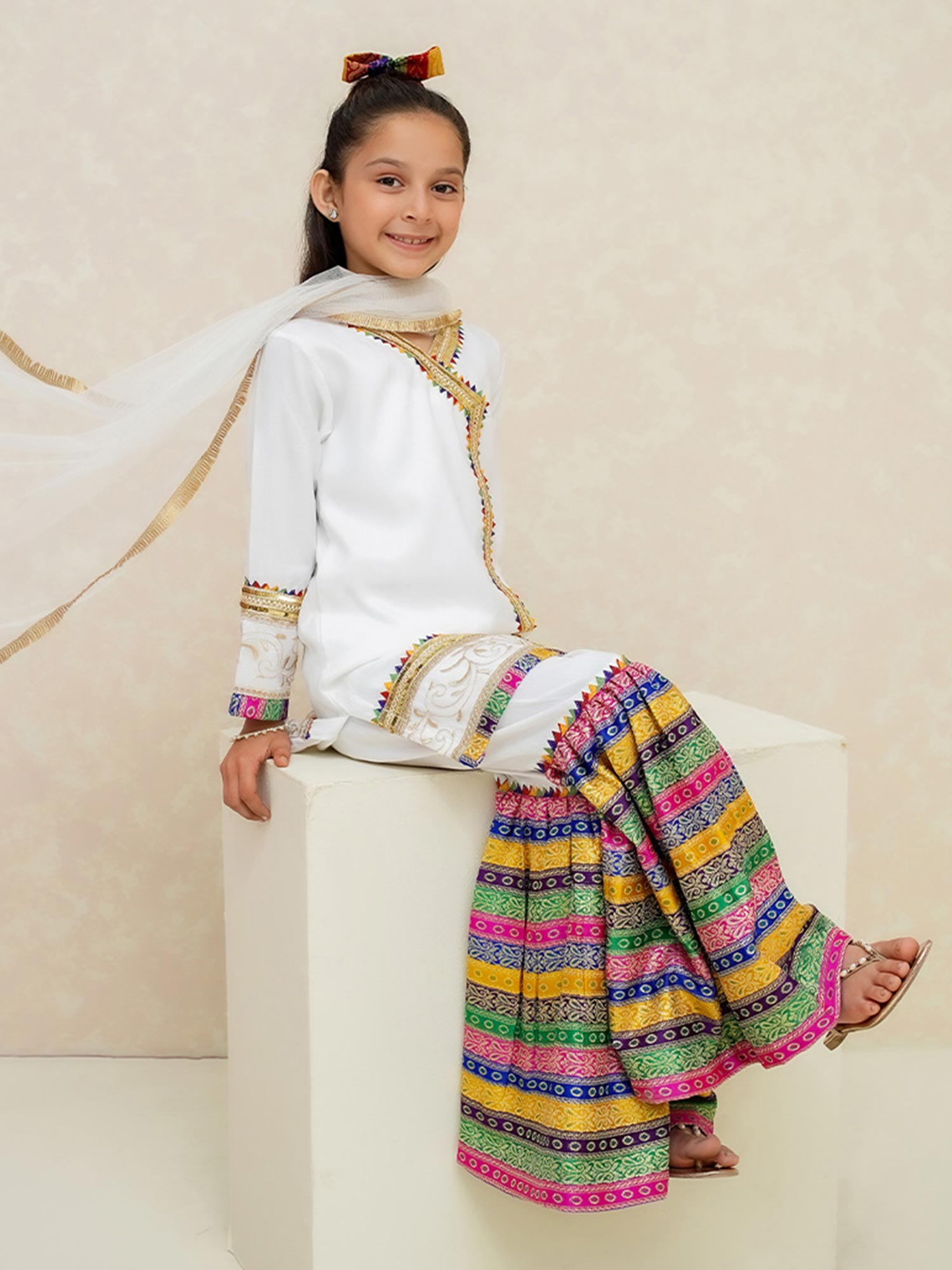 Kids White Rawsilk Angrakha Suit with Jamawar Gharara