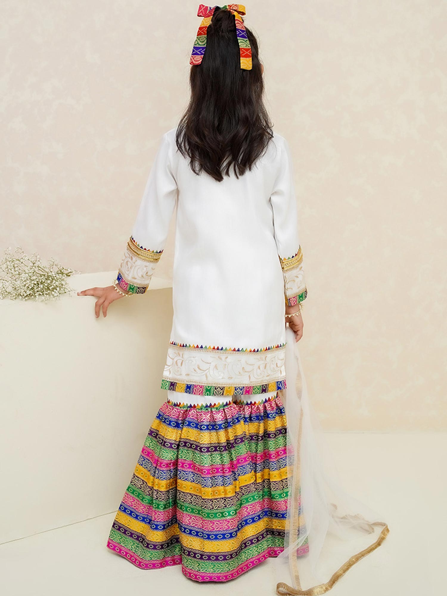 Kids White Rawsilk Angrakha Suit with Jamawar Gharara