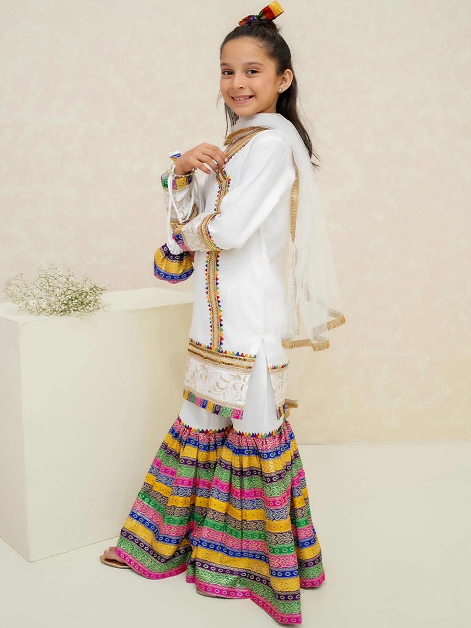 Kids White Rawsilk Angrakha Suit with Jamawar Gharara