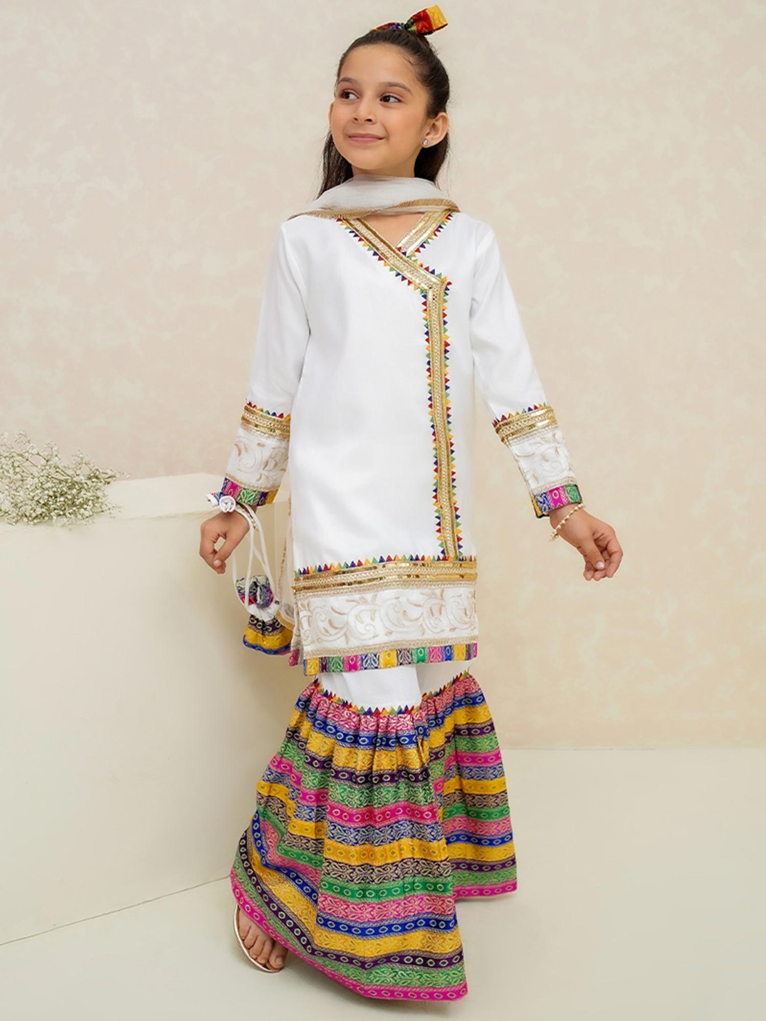 Kids White Rawsilk Angrakha Suit with Jamawar Gharara