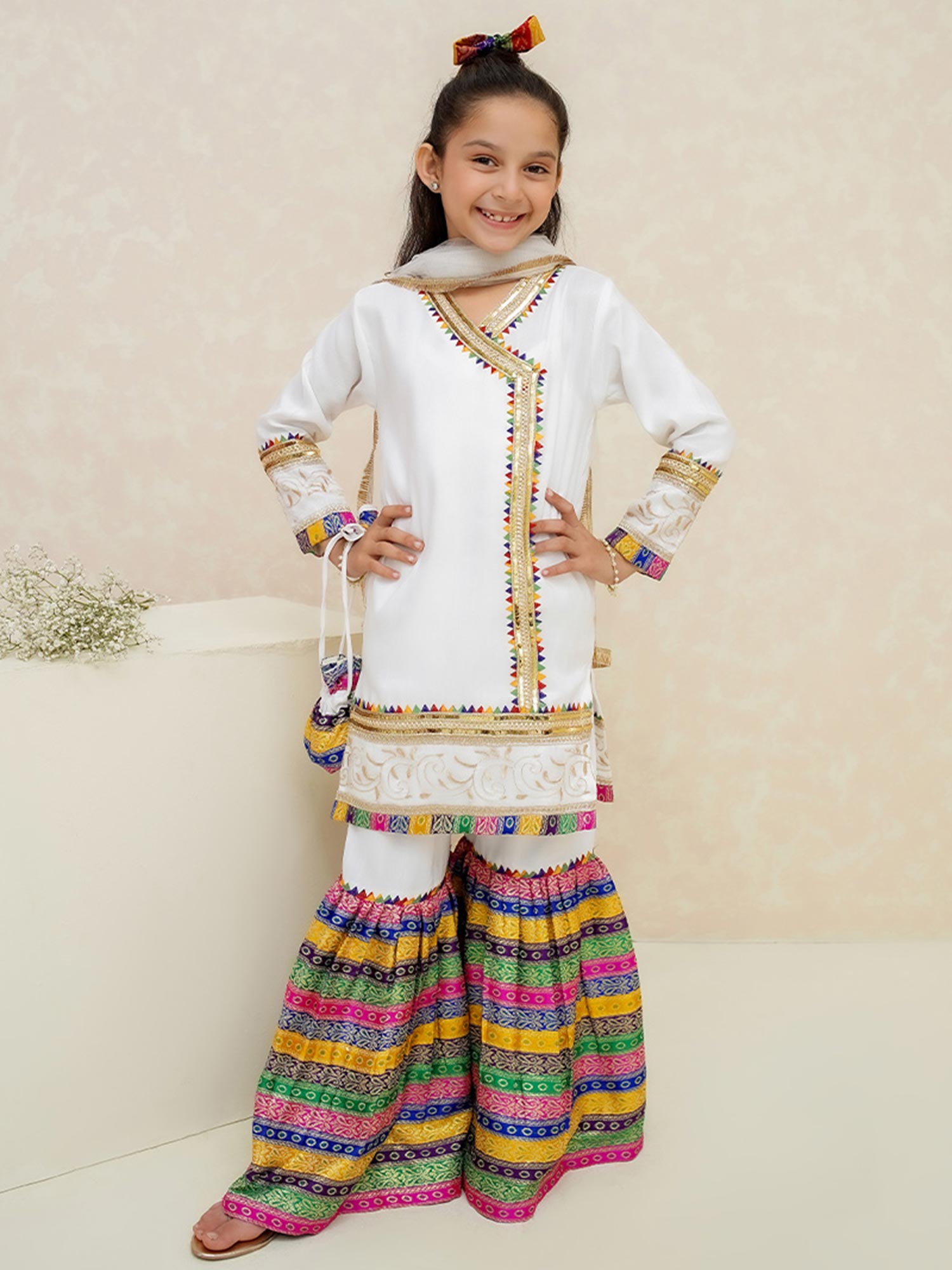 Kids White Rawsilk Angrakha Suit with Jamawar Gharara