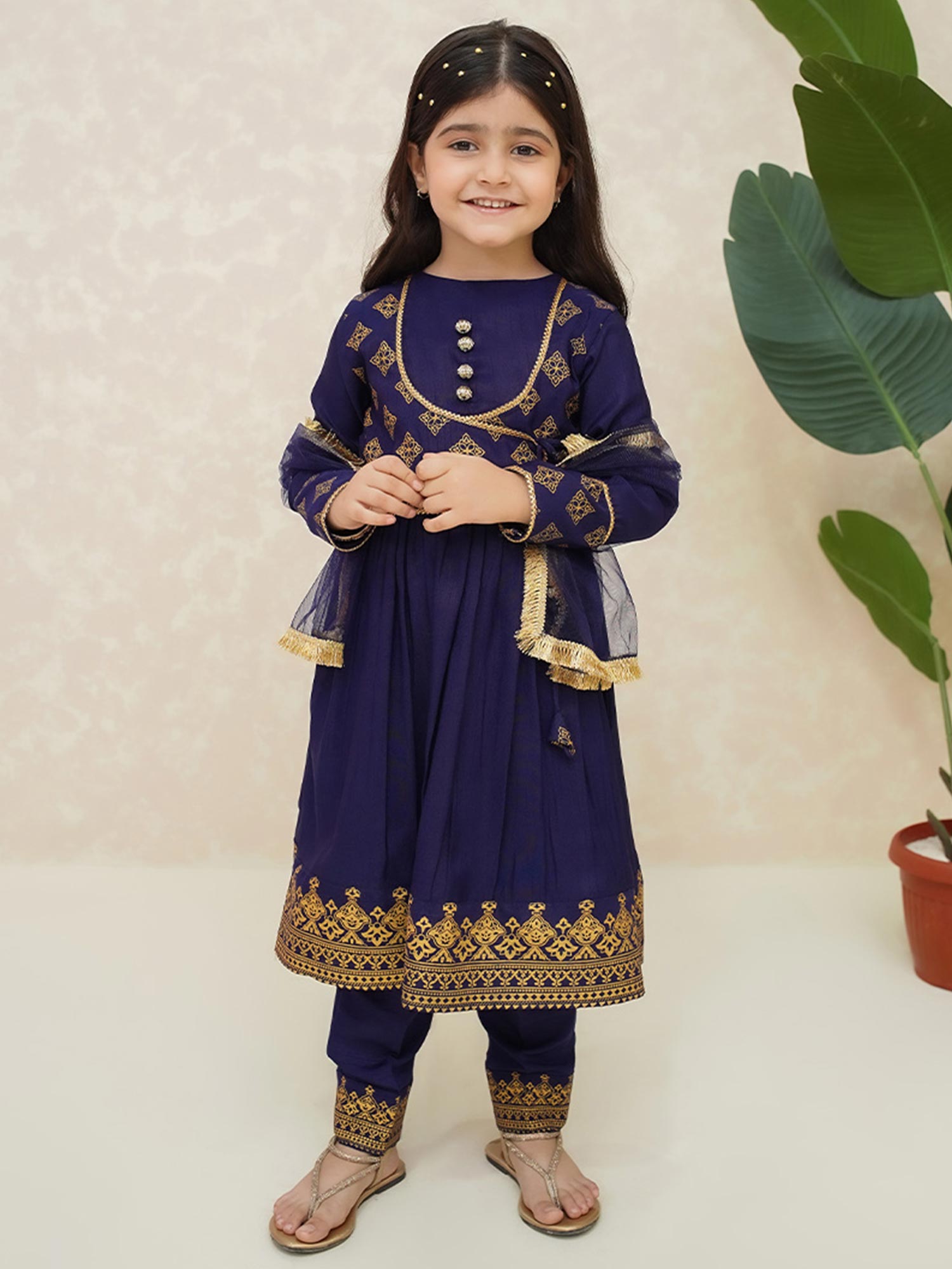 Kids Navy Rawsilk Long Frock 3-Piece Suit