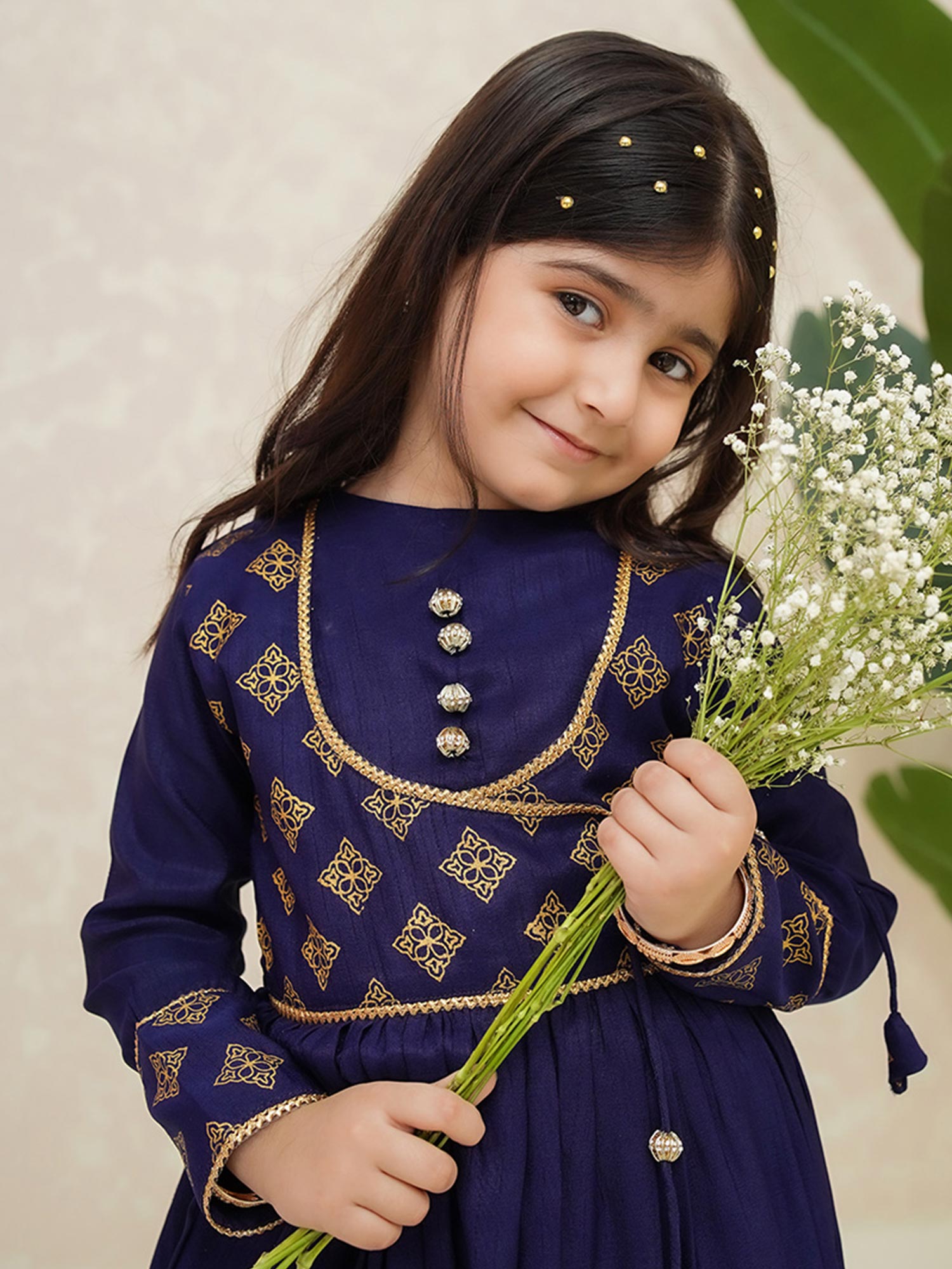 Kids Navy Rawsilk Long Frock 3-Piece Suit