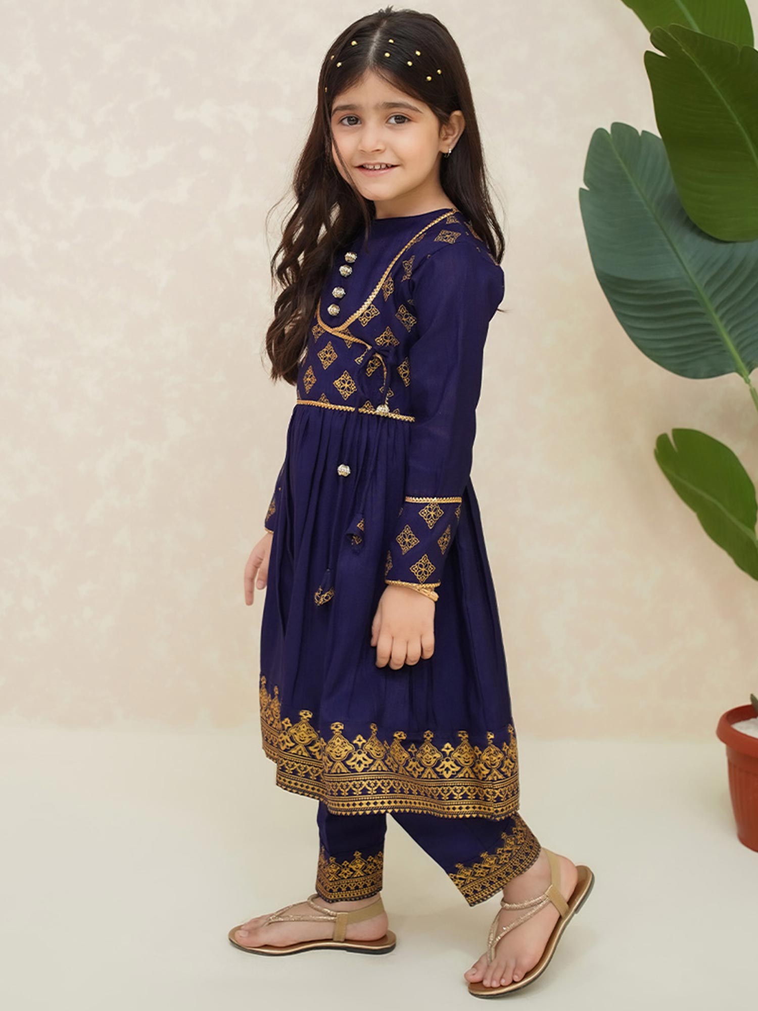 Kids Navy Rawsilk Long Frock 3-Piece Suit