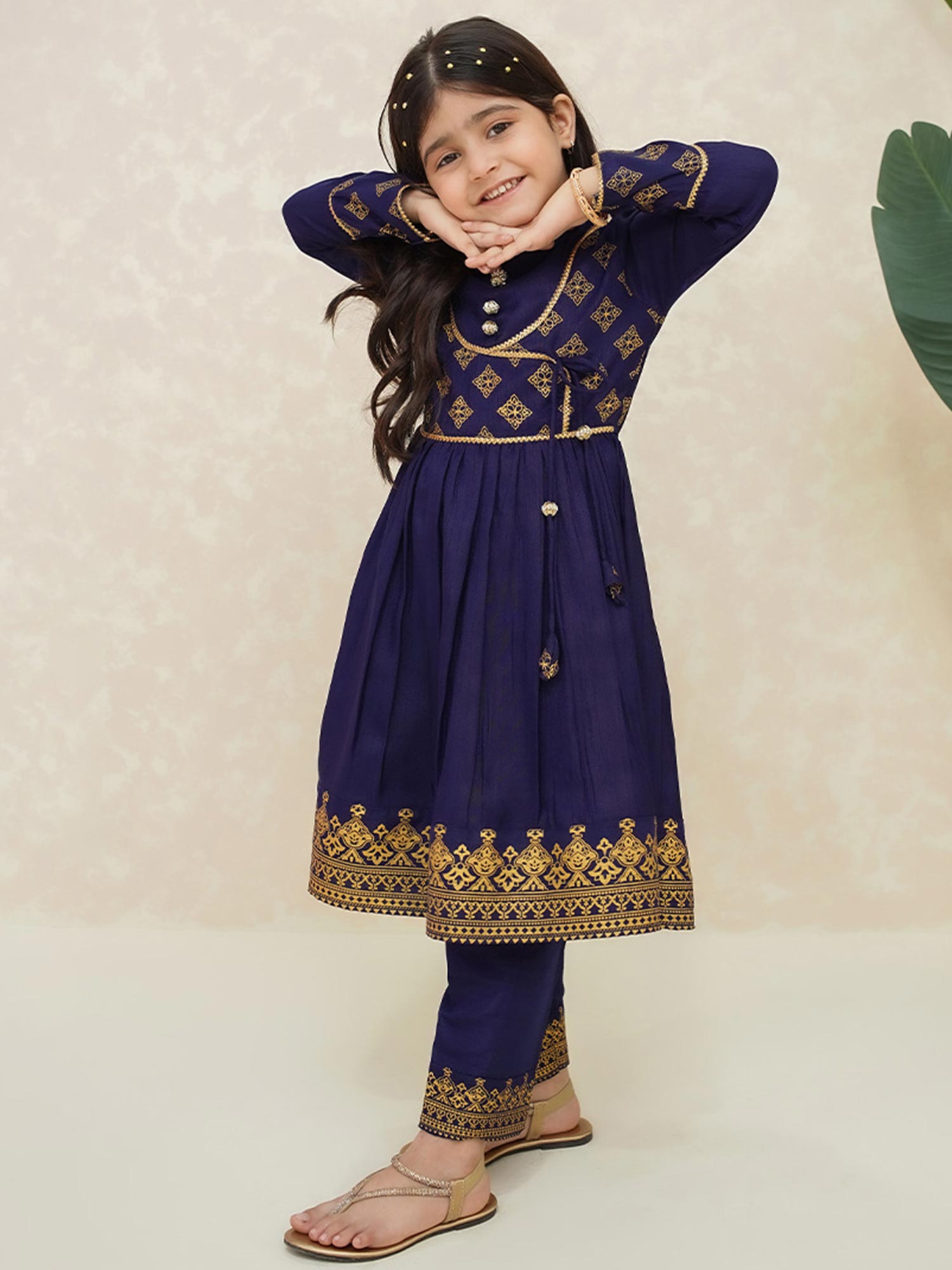 Kids Navy Rawsilk Long Frock 3-Piece Suit