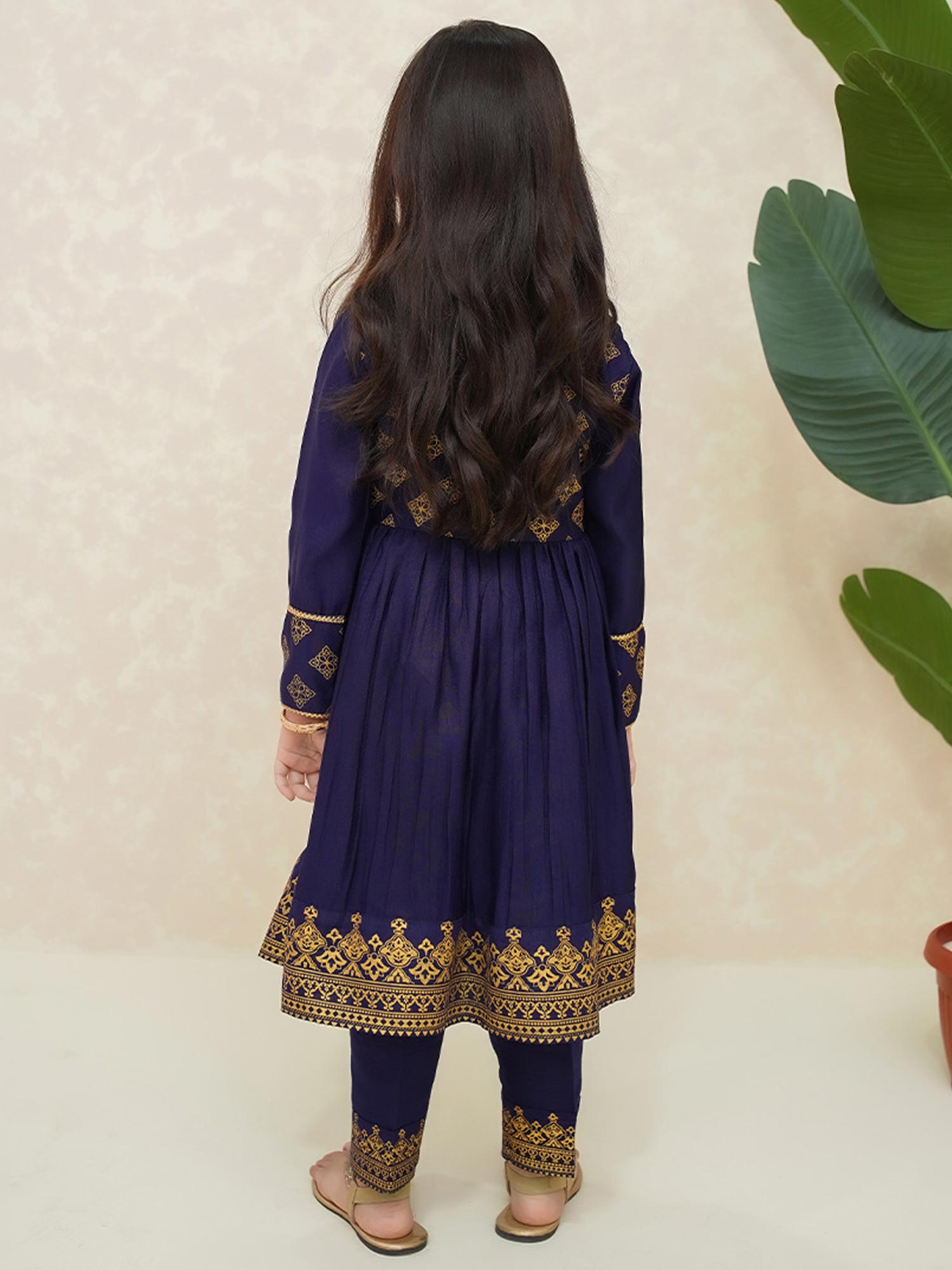 Kids Navy Rawsilk Long Frock 3-Piece Suit