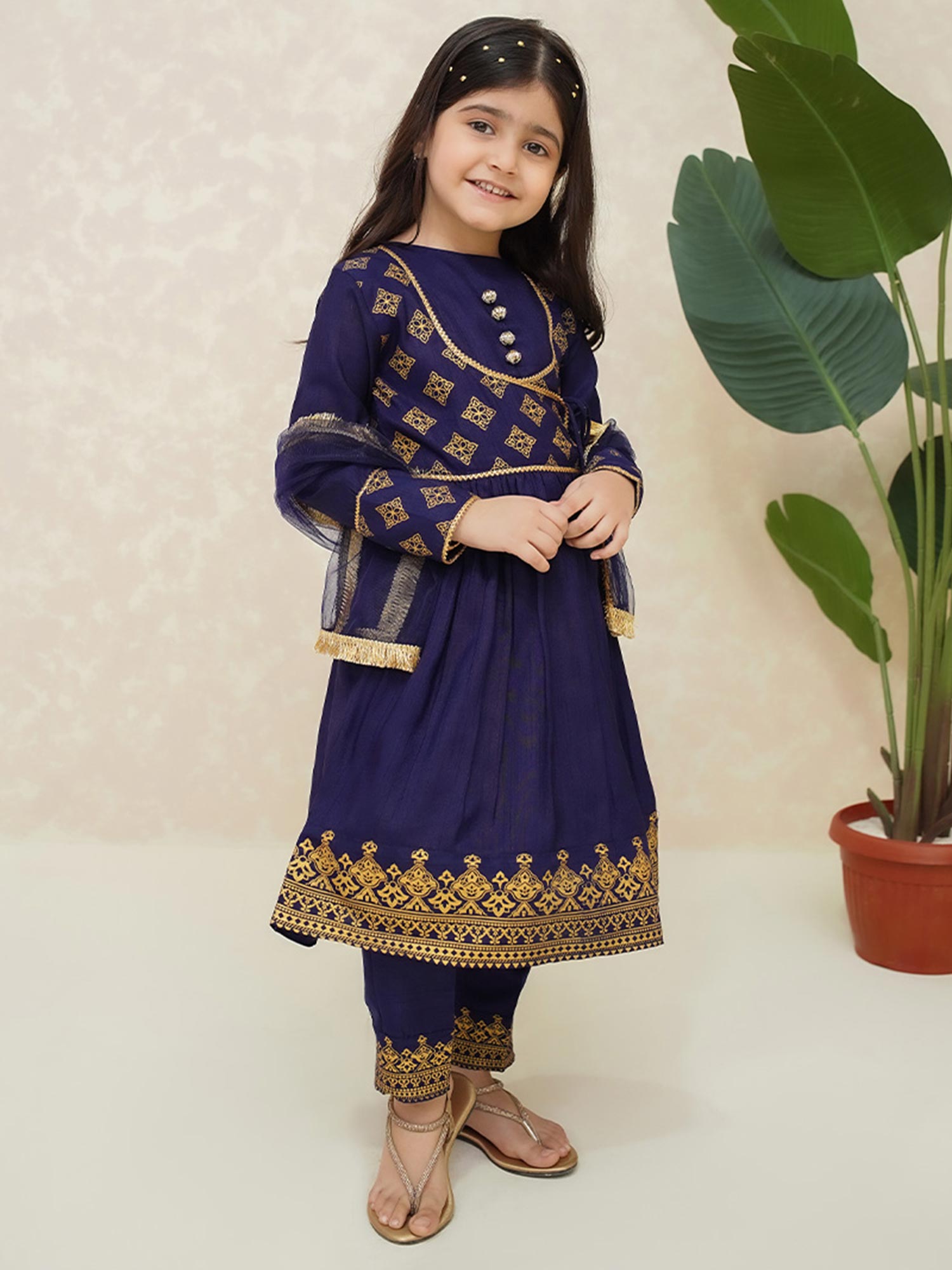 Kids Navy Rawsilk Long Frock 3-Piece Suit