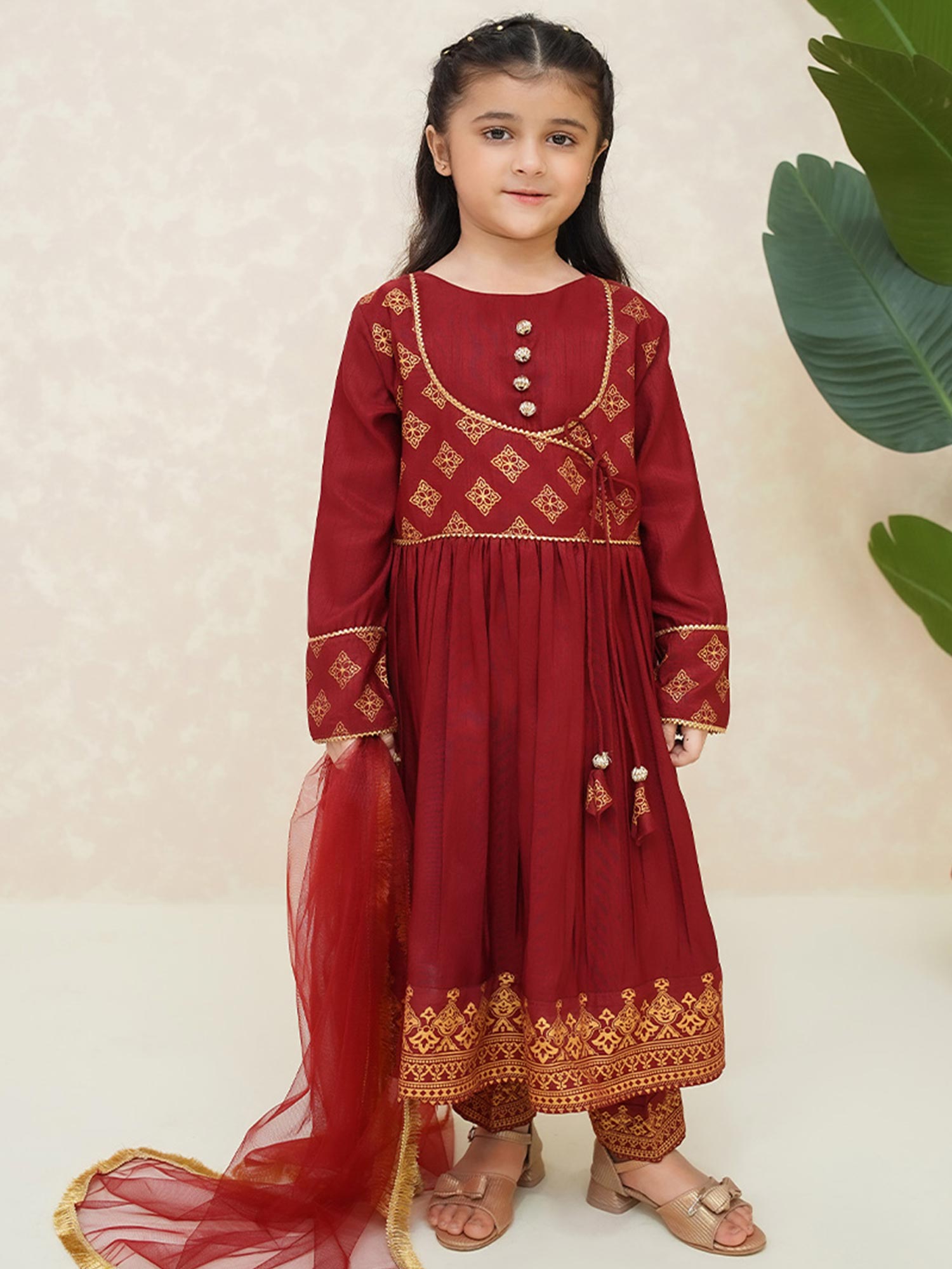 Kids Red Rawsilk Long Frock 3-Piece Suit