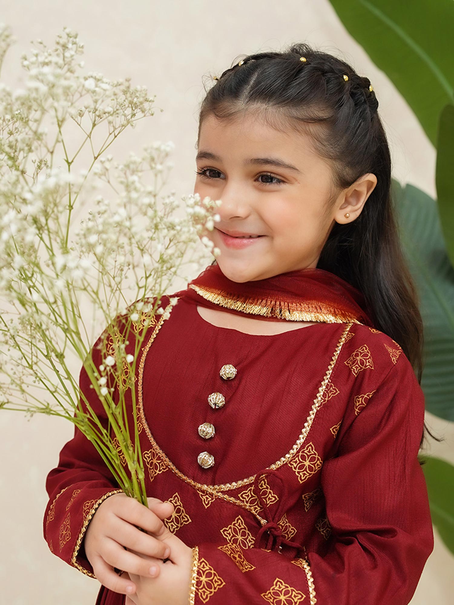 Kids Red Rawsilk Long Frock 3-Piece Suit