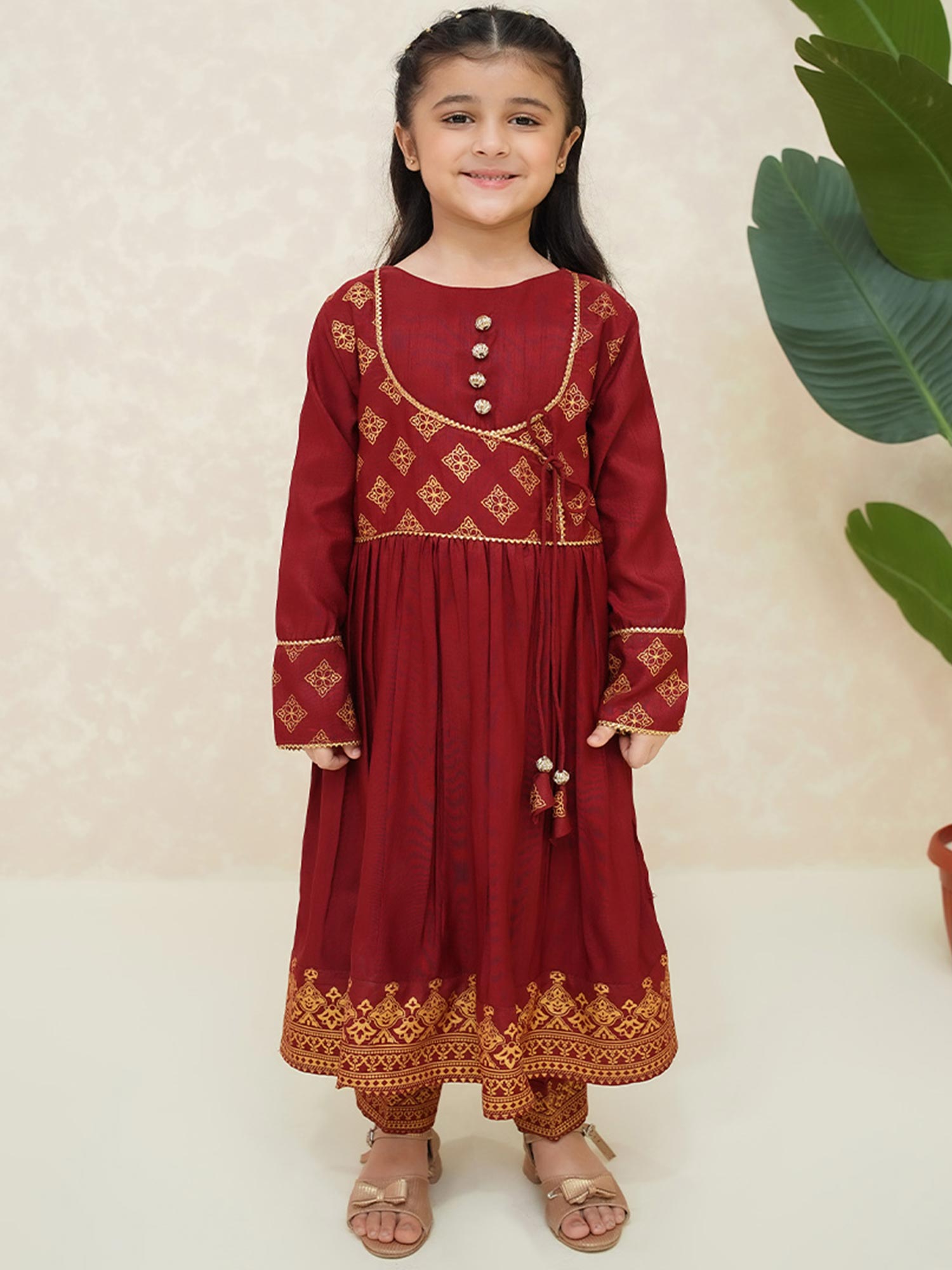 Kids Red Rawsilk Long Frock 3-Piece Suit