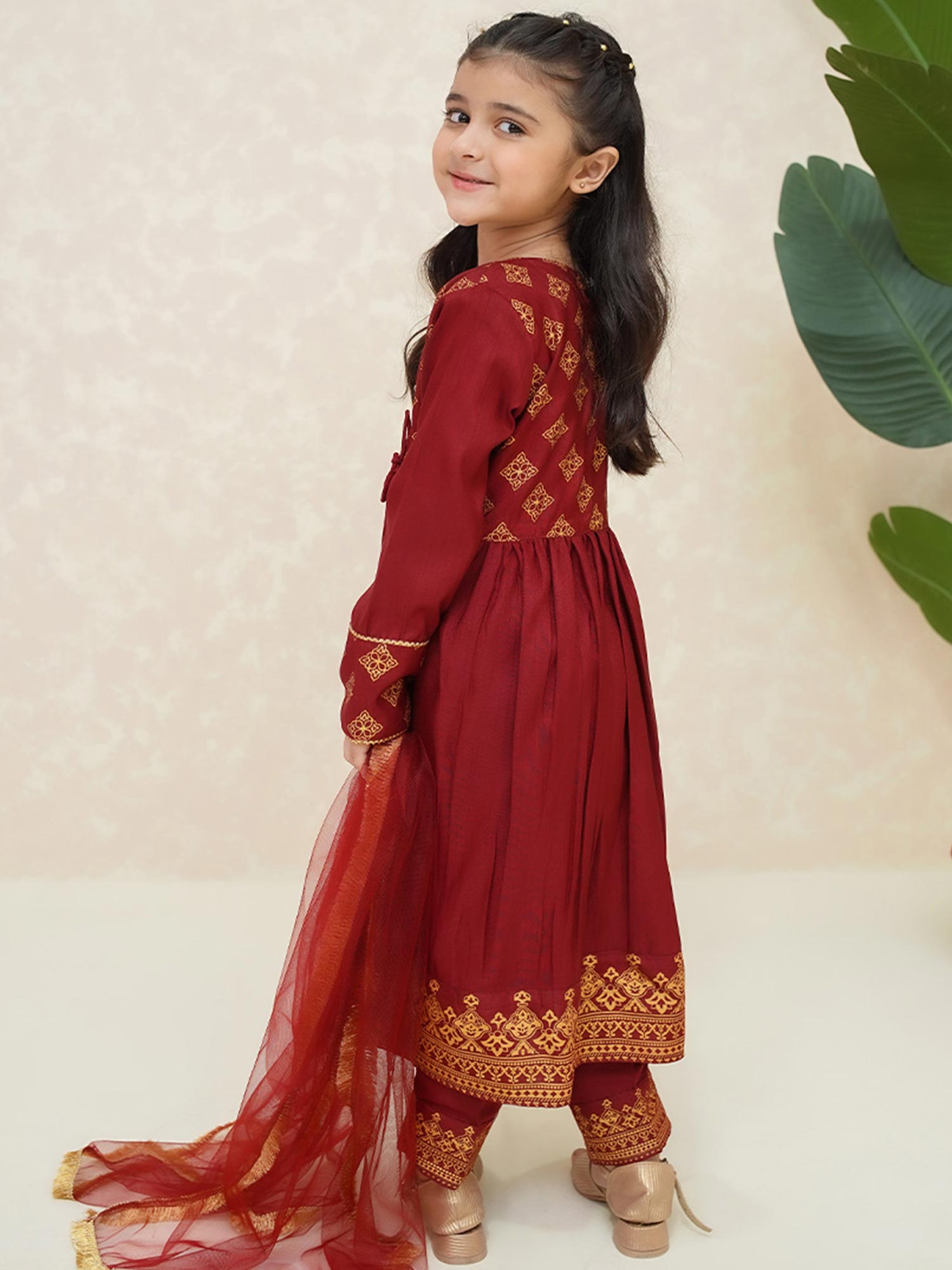 Kids Red Rawsilk Long Frock 3-Piece Suit