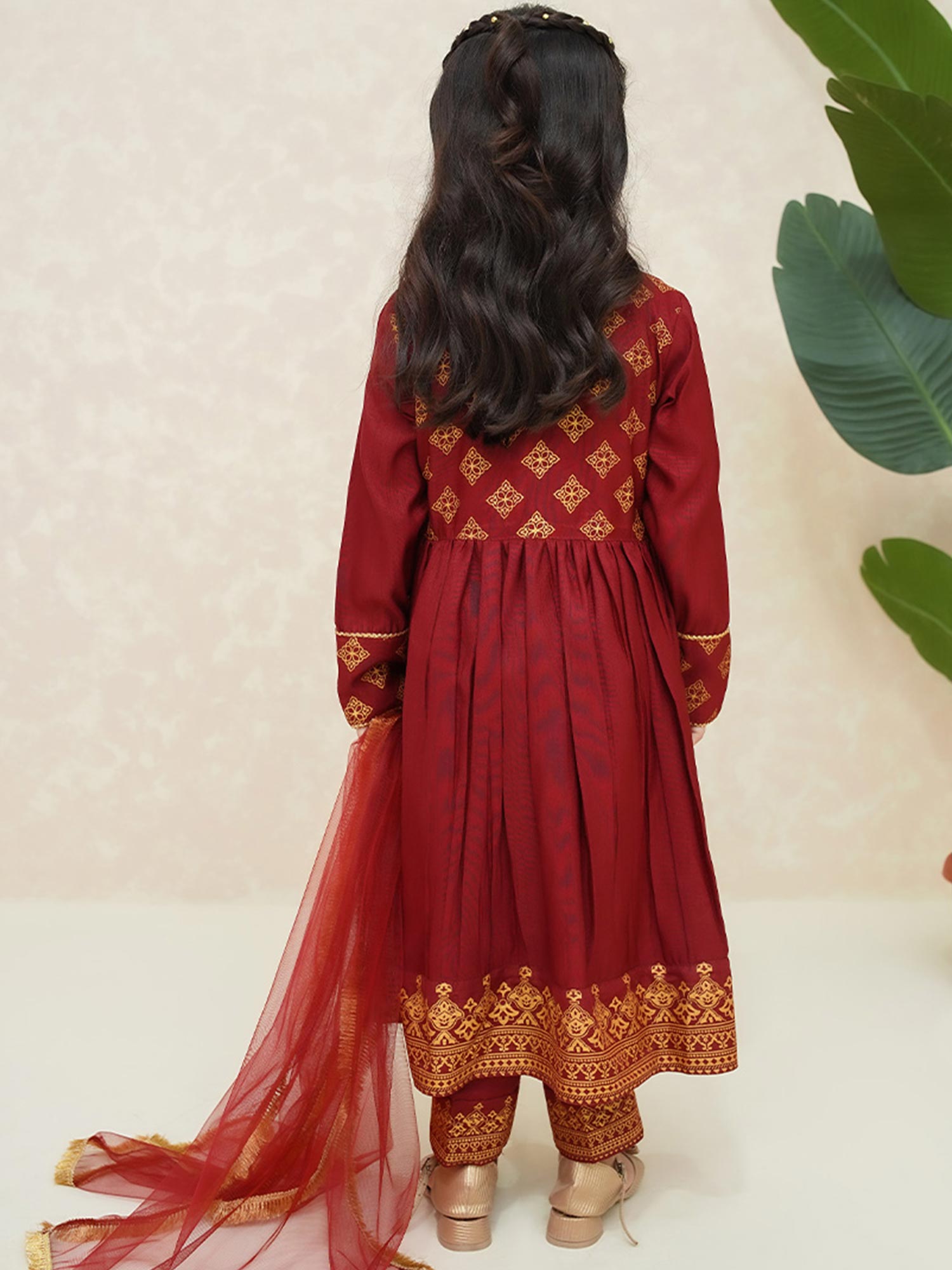 Kids Red Rawsilk Long Frock 3-Piece Suit