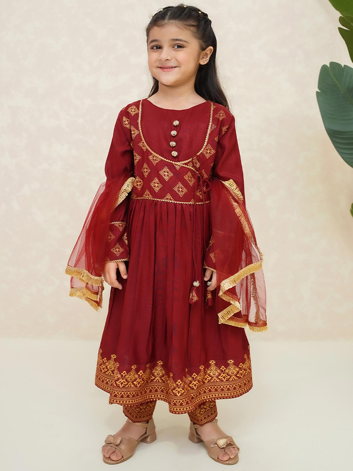 Kids Red Rawsilk Long Frock 3-Piece Suit