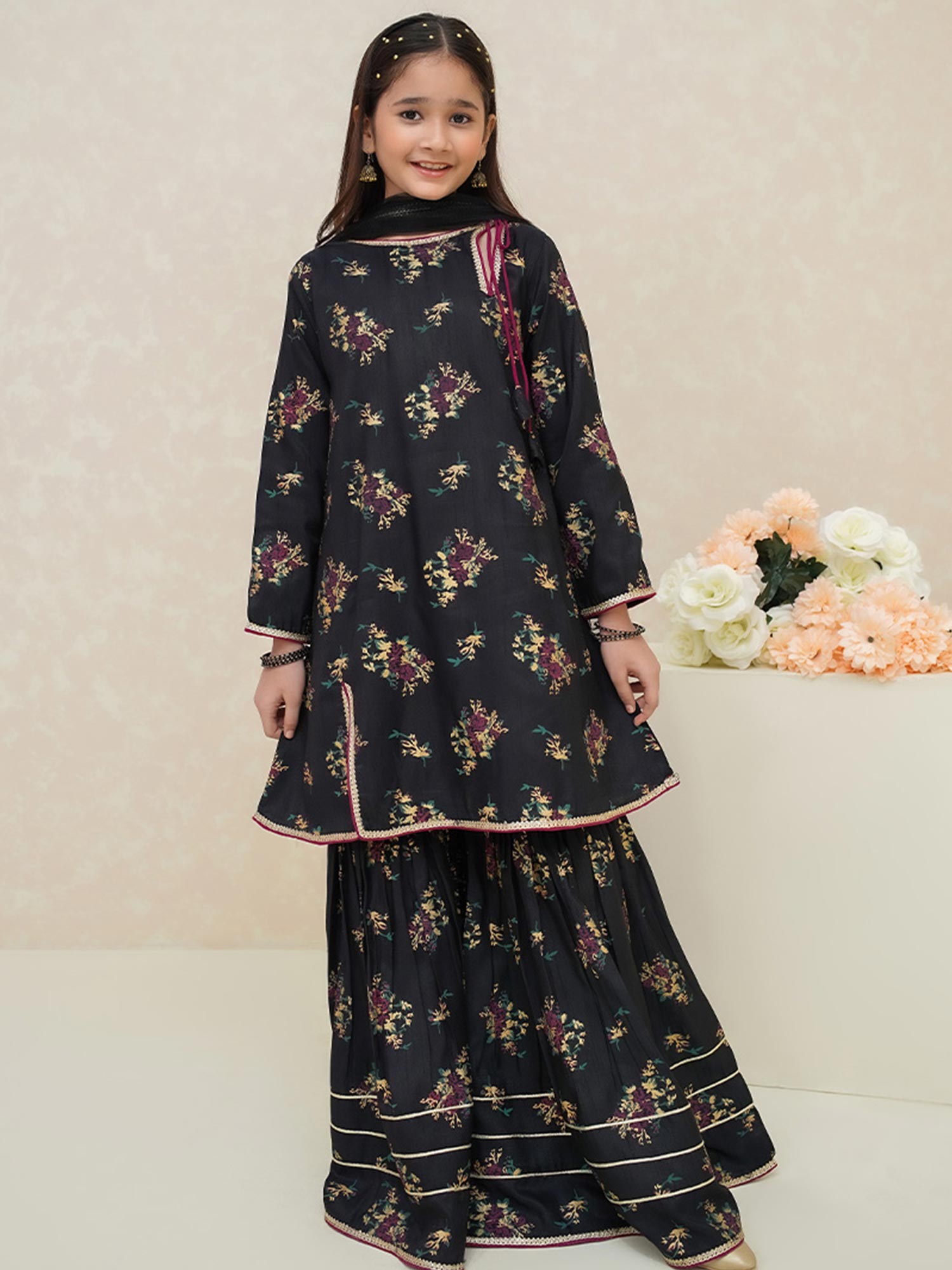 Kids Black Rawsilk Suit with Sharara