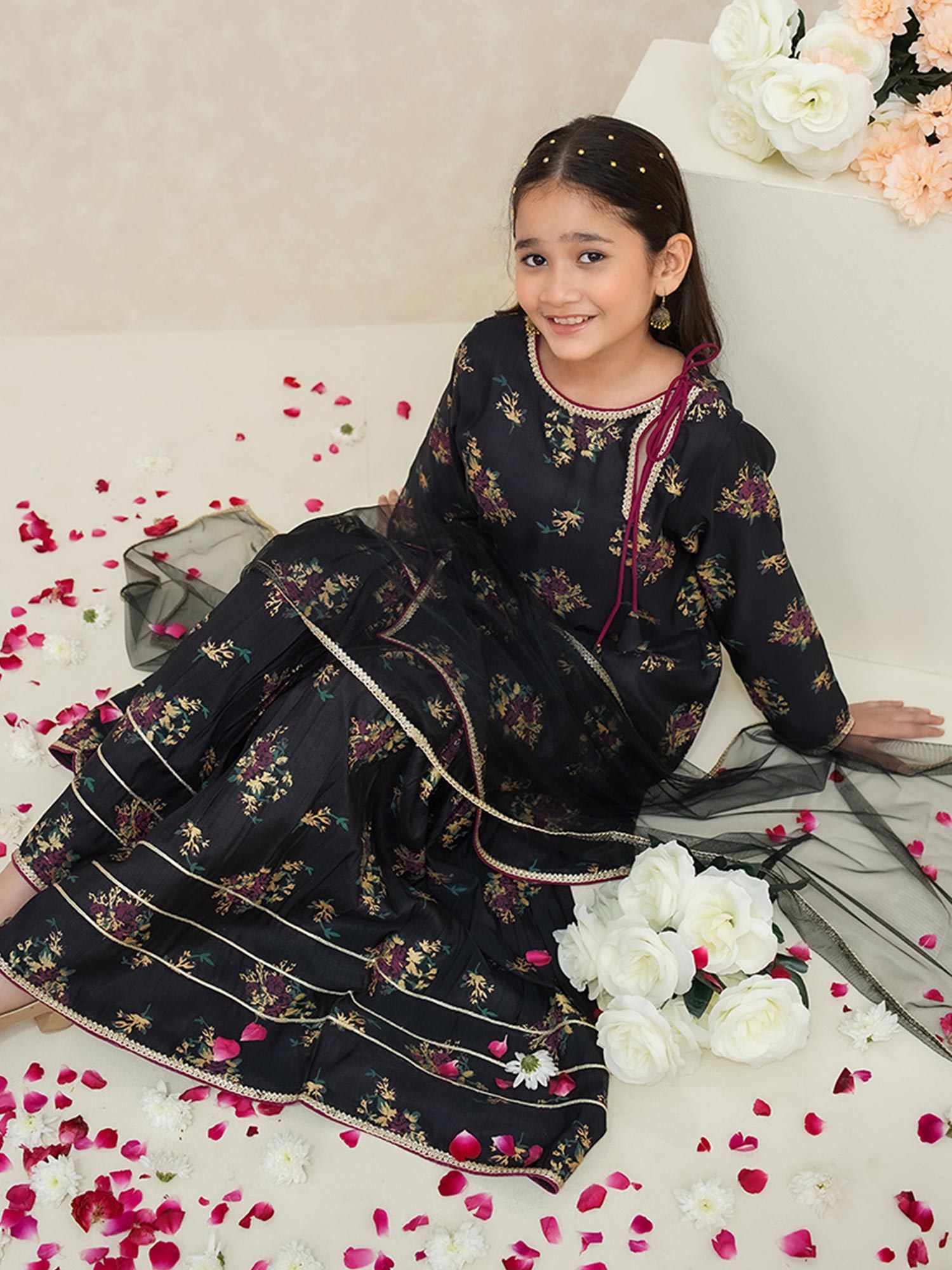 Kids Black Rawsilk Suit with Sharara