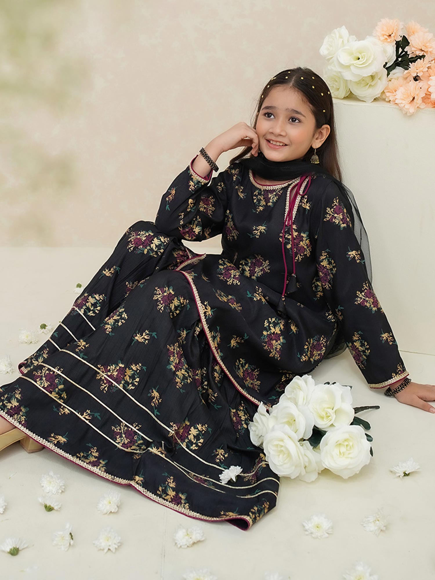 Kids Black Rawsilk Suit with Sharara