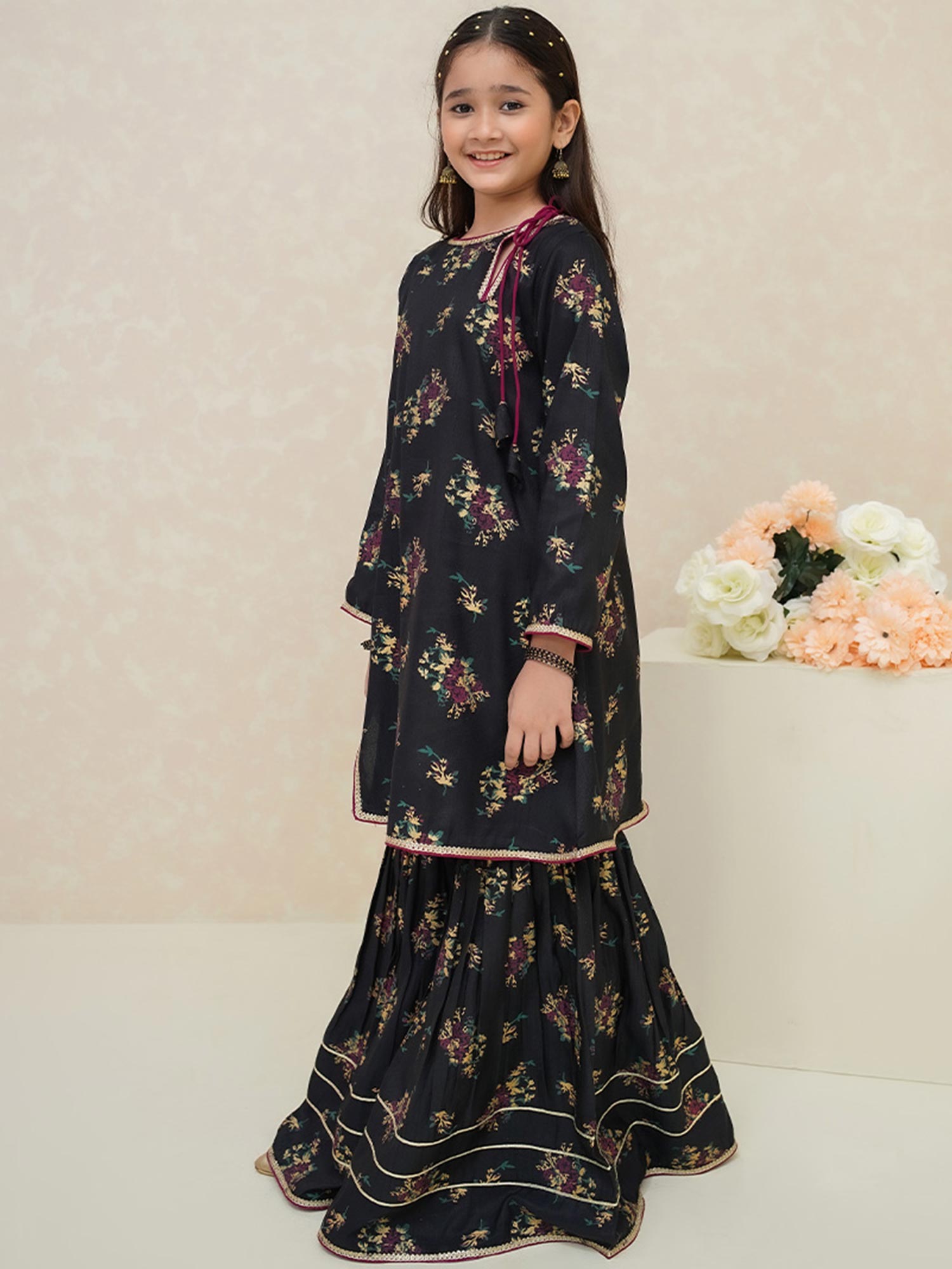 Kids Black Rawsilk Suit with Sharara