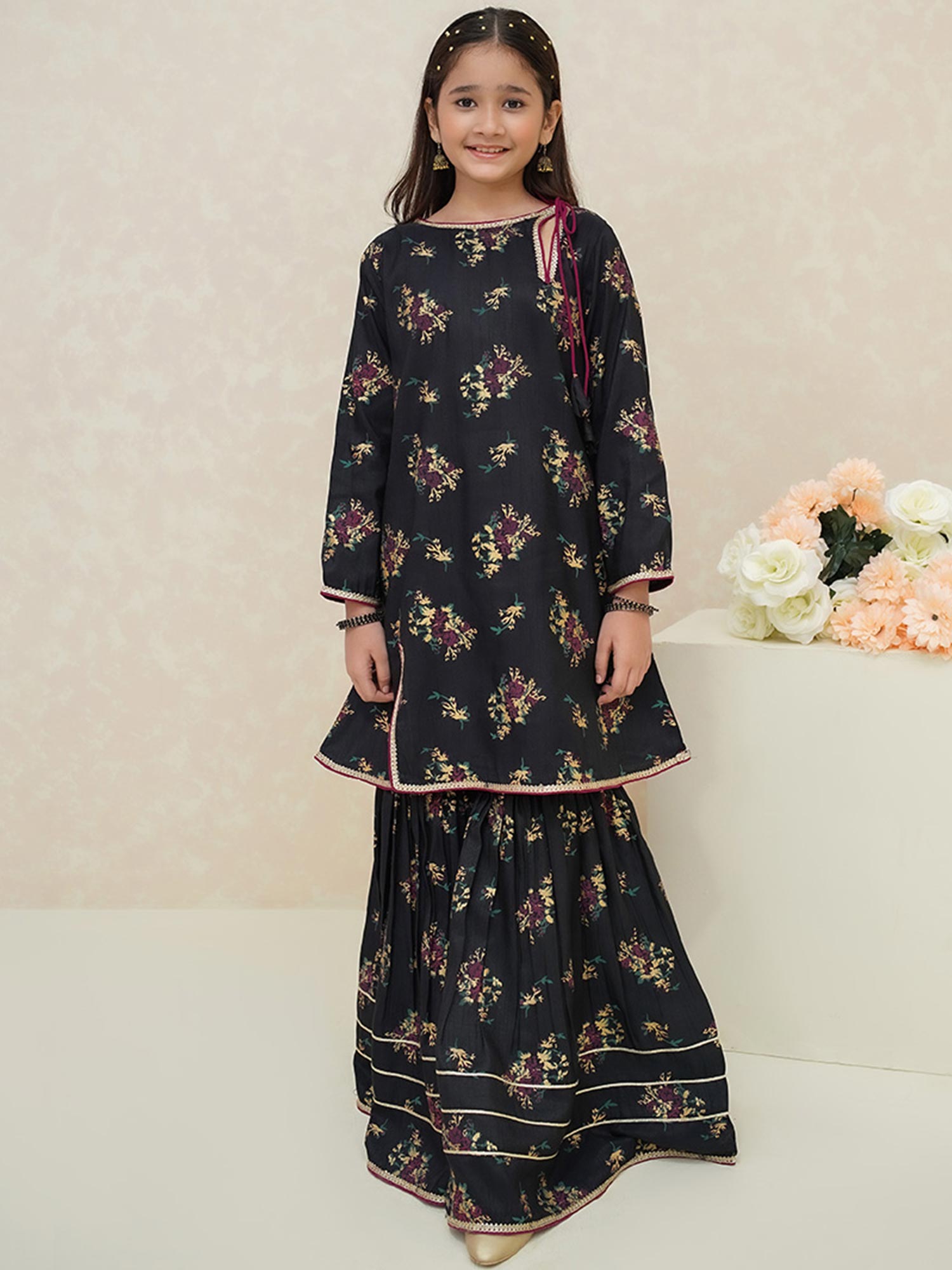 Kids Black Rawsilk Suit with Sharara