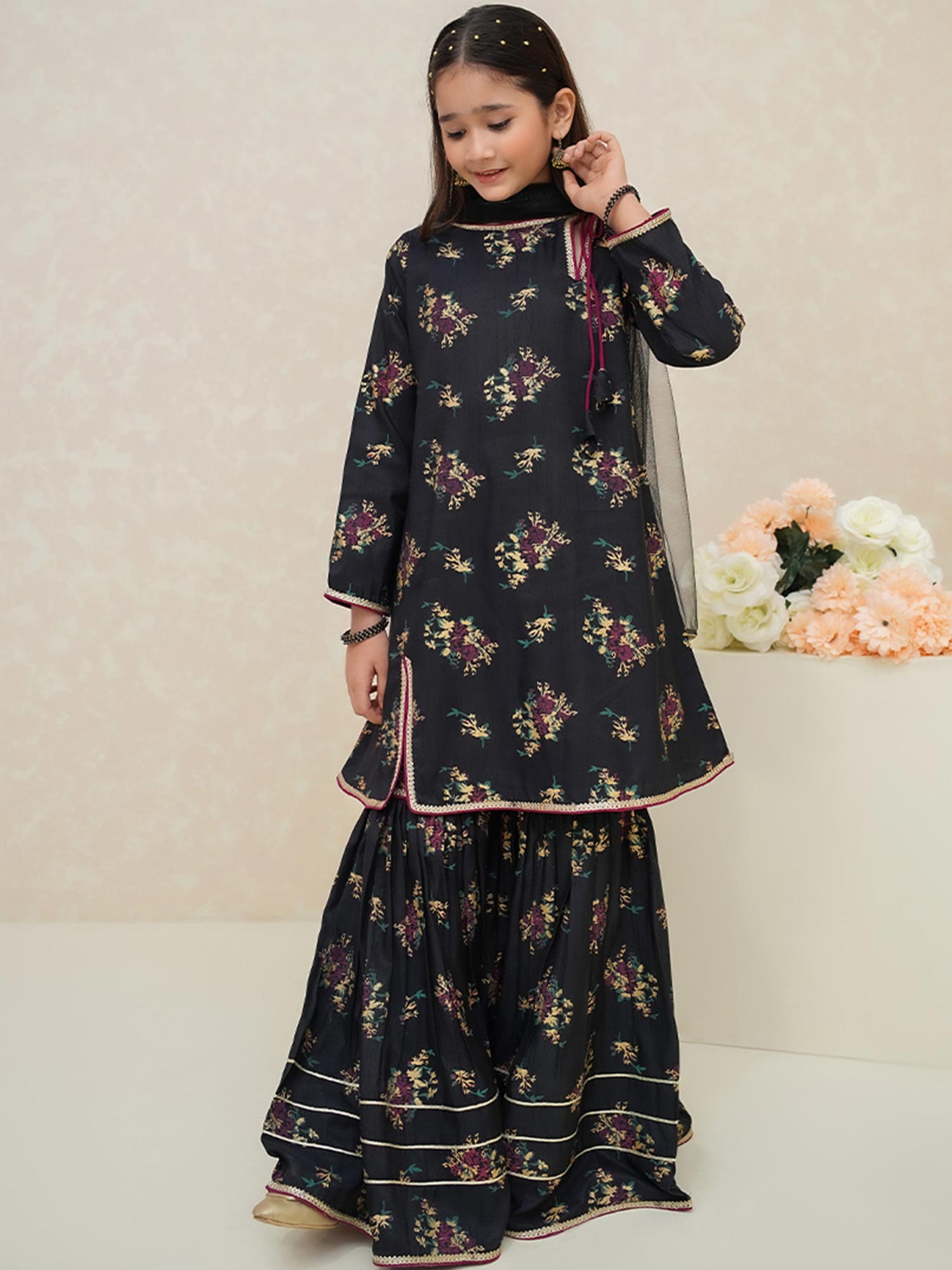 Kids Black Rawsilk Suit with Sharara