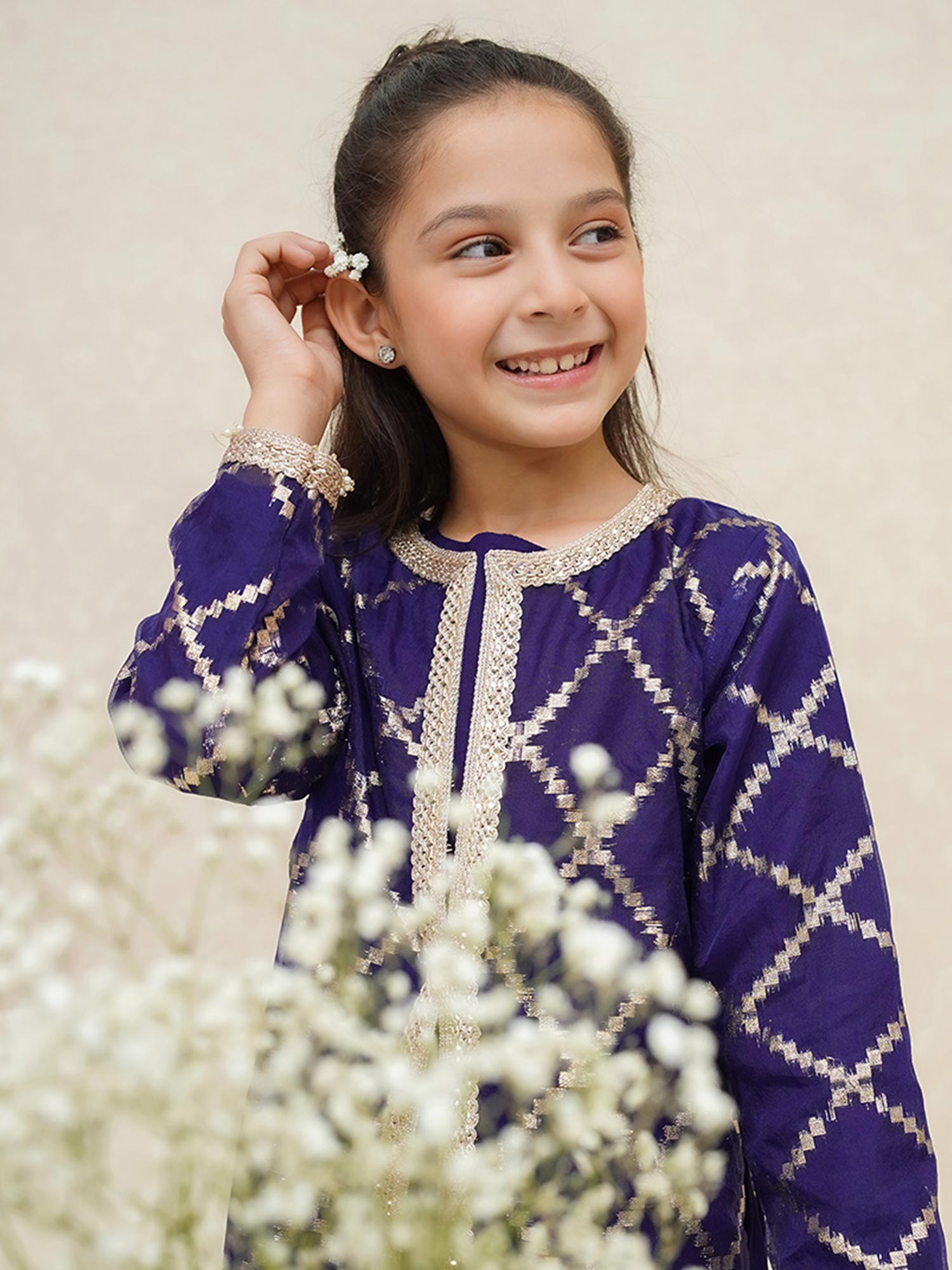 Kids Navy Textured Organza Suit