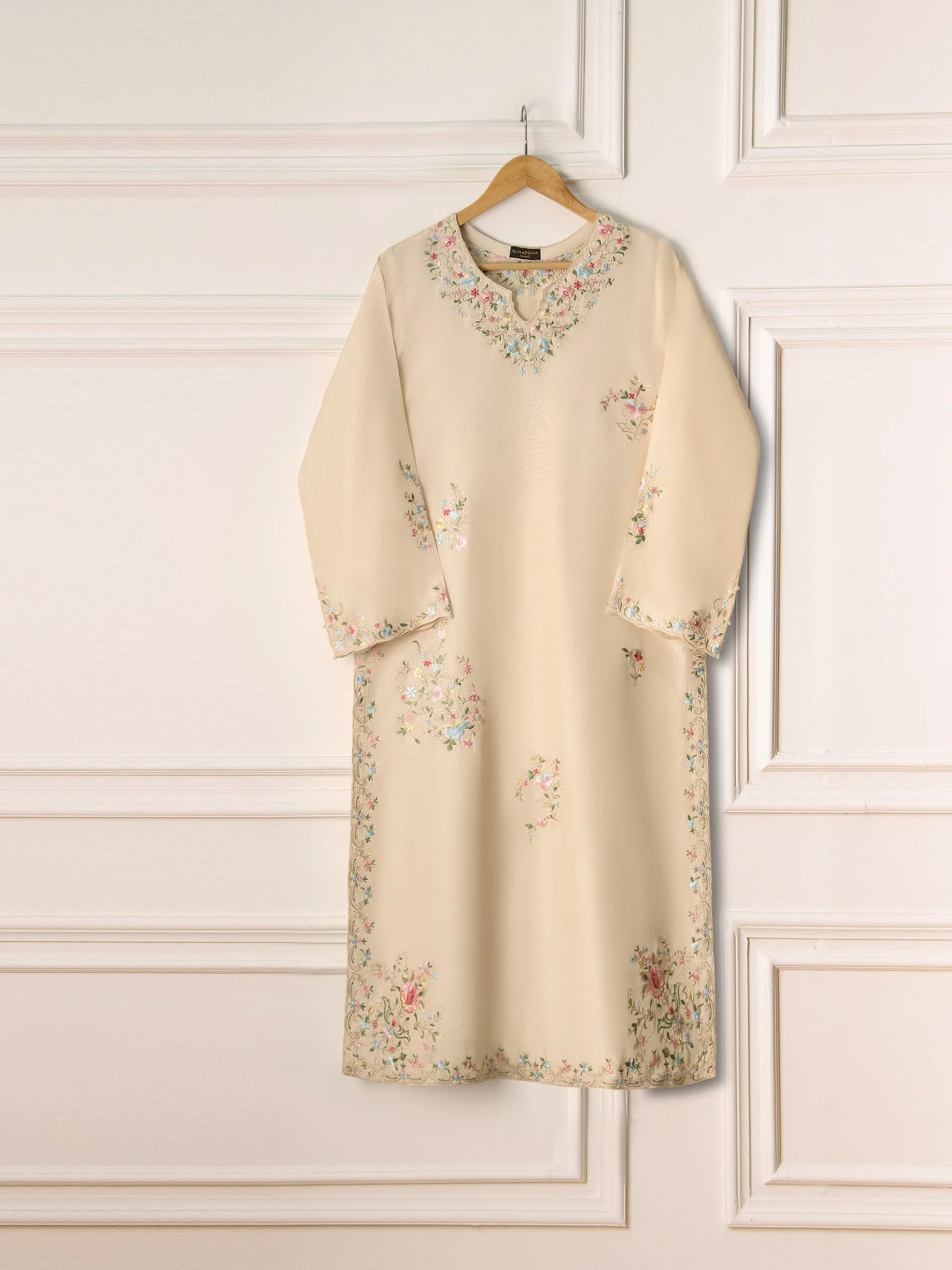 Agha Noor Cream Embroidered Korean Silk 3-Piece Suit