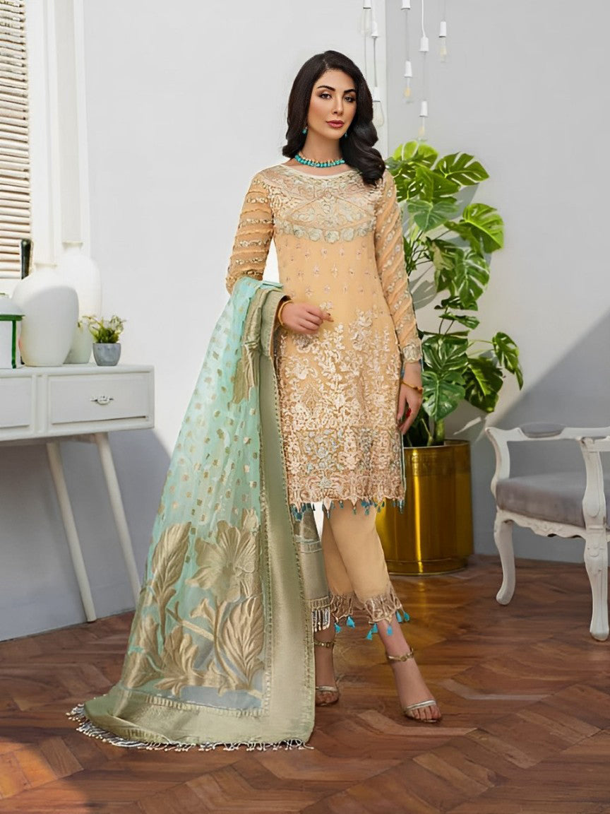 Maryam's Luxury Embroidered Chiffon Suit - Gold