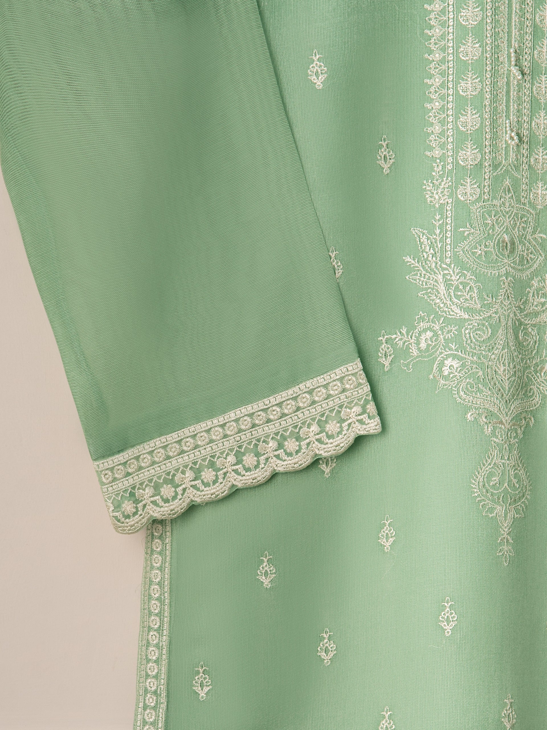 Agha Noor Pista Green Embroidered Cotton Net 3-Piece Suit