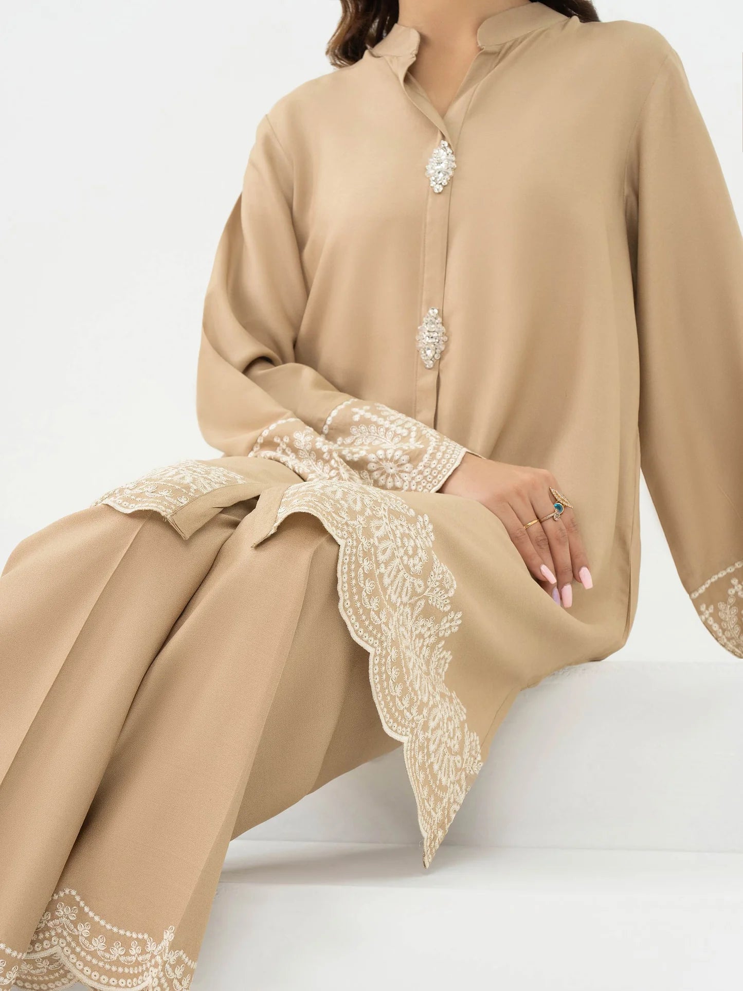 Limelight Beige Crepe Embellished 2-Piece Suit (A0842ST)