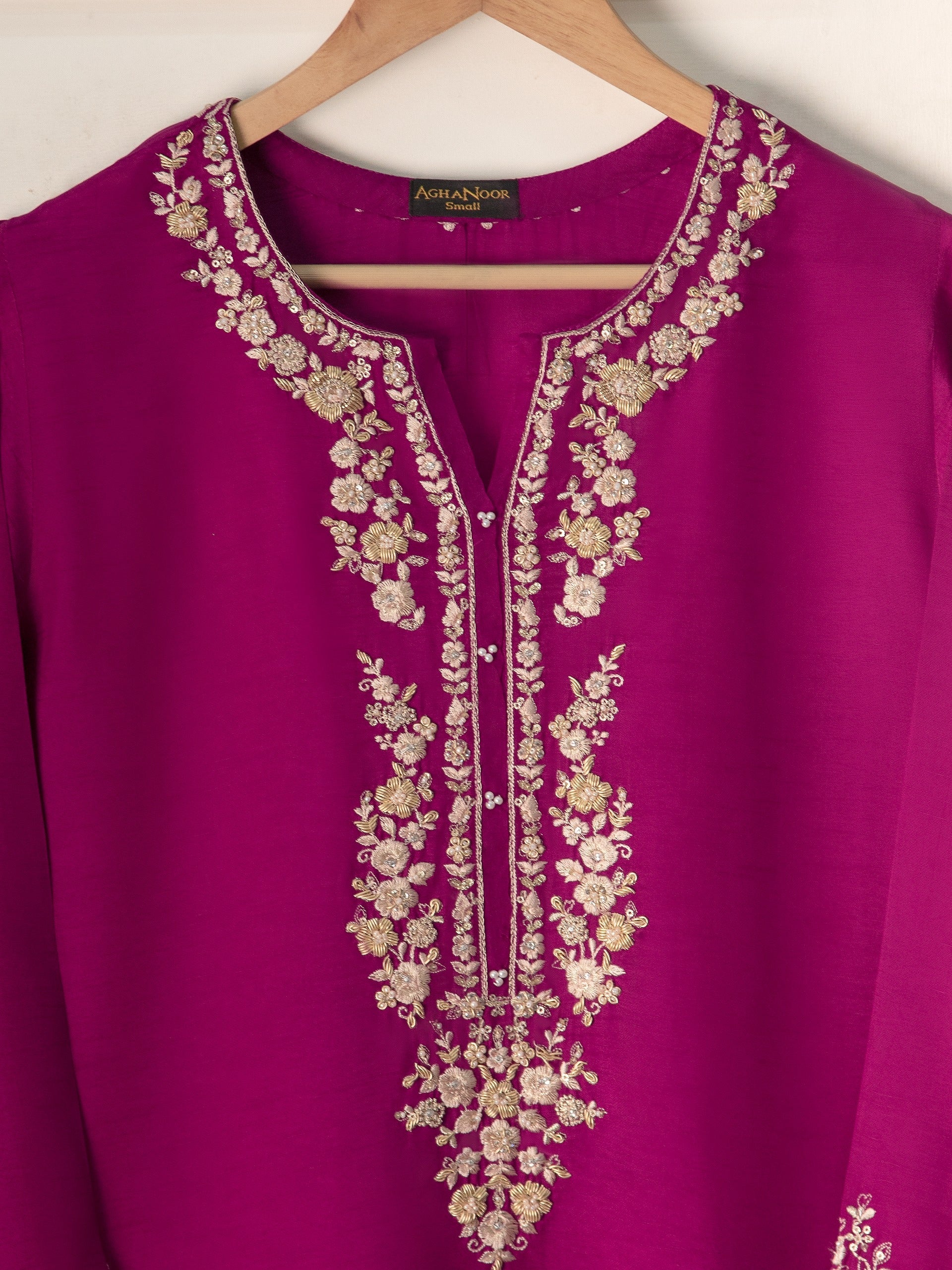 Agha Noor Magenta Embroidered Korean Silk 2-Piece (Shirt + Trouser)