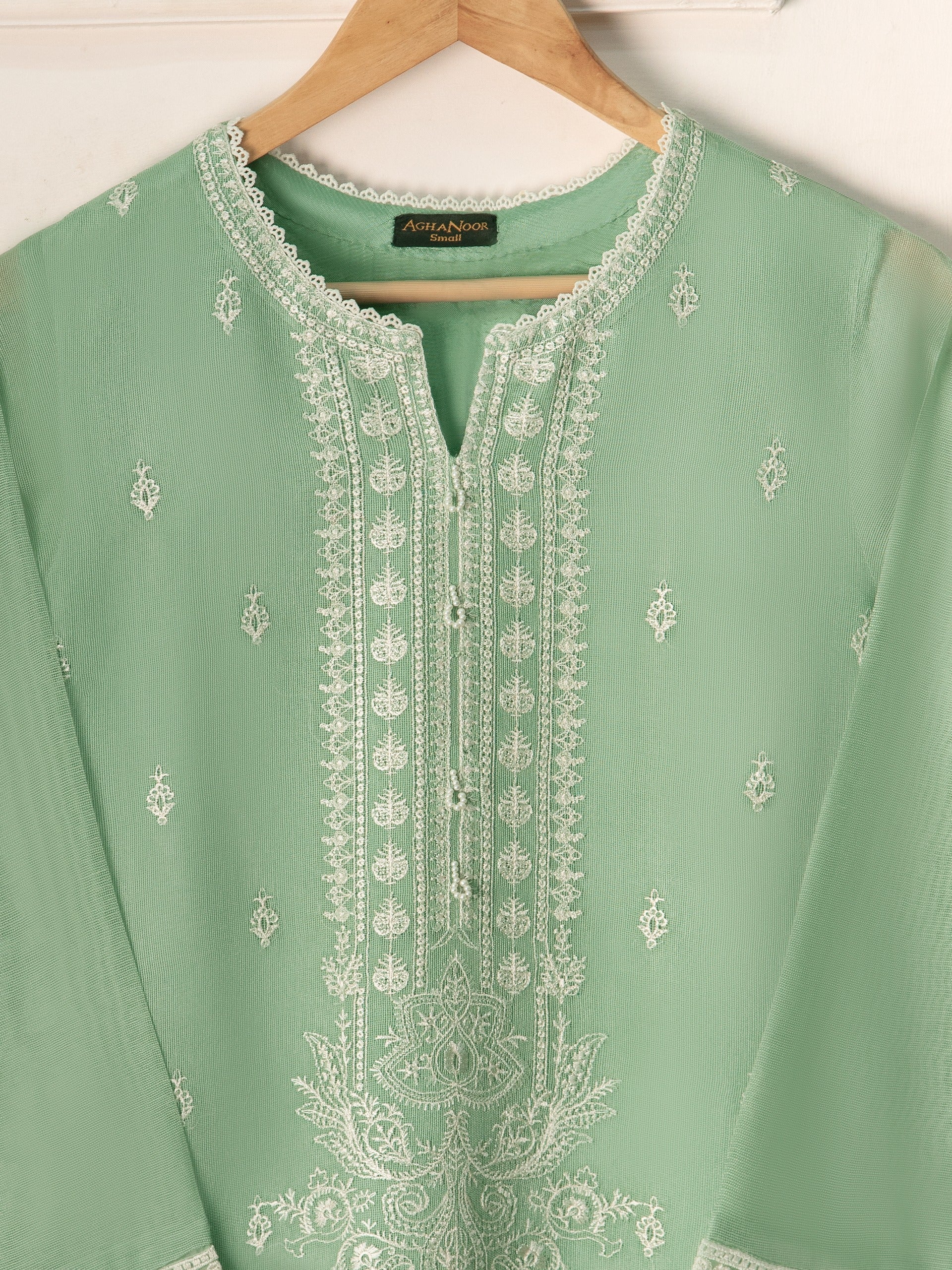 Agha Noor Pista Green Embroidered Cotton Net 3-Piece Suit