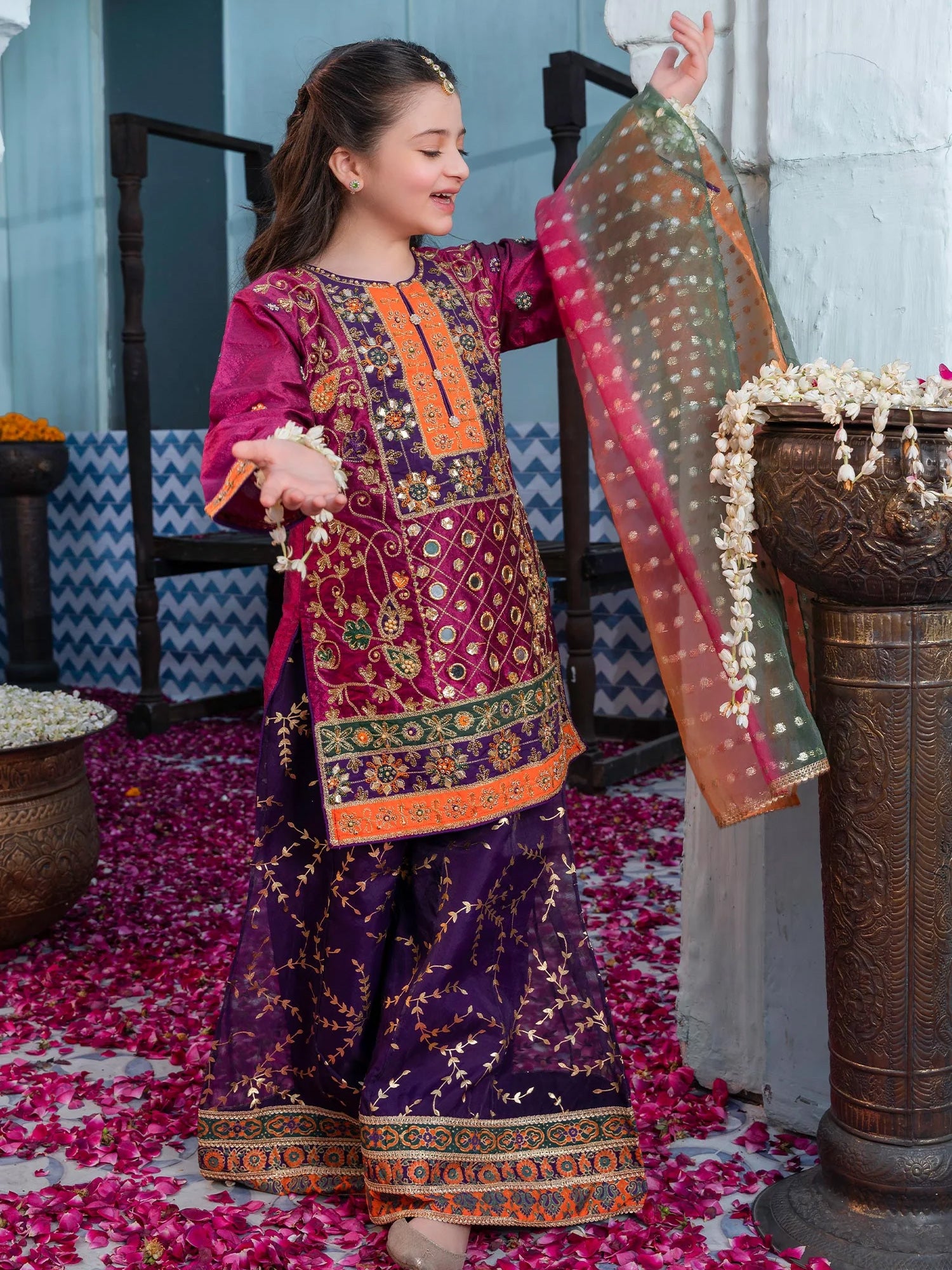 Ally's Kids Pink & Purple Raw Silk Suit with Sharara (AL-3254)