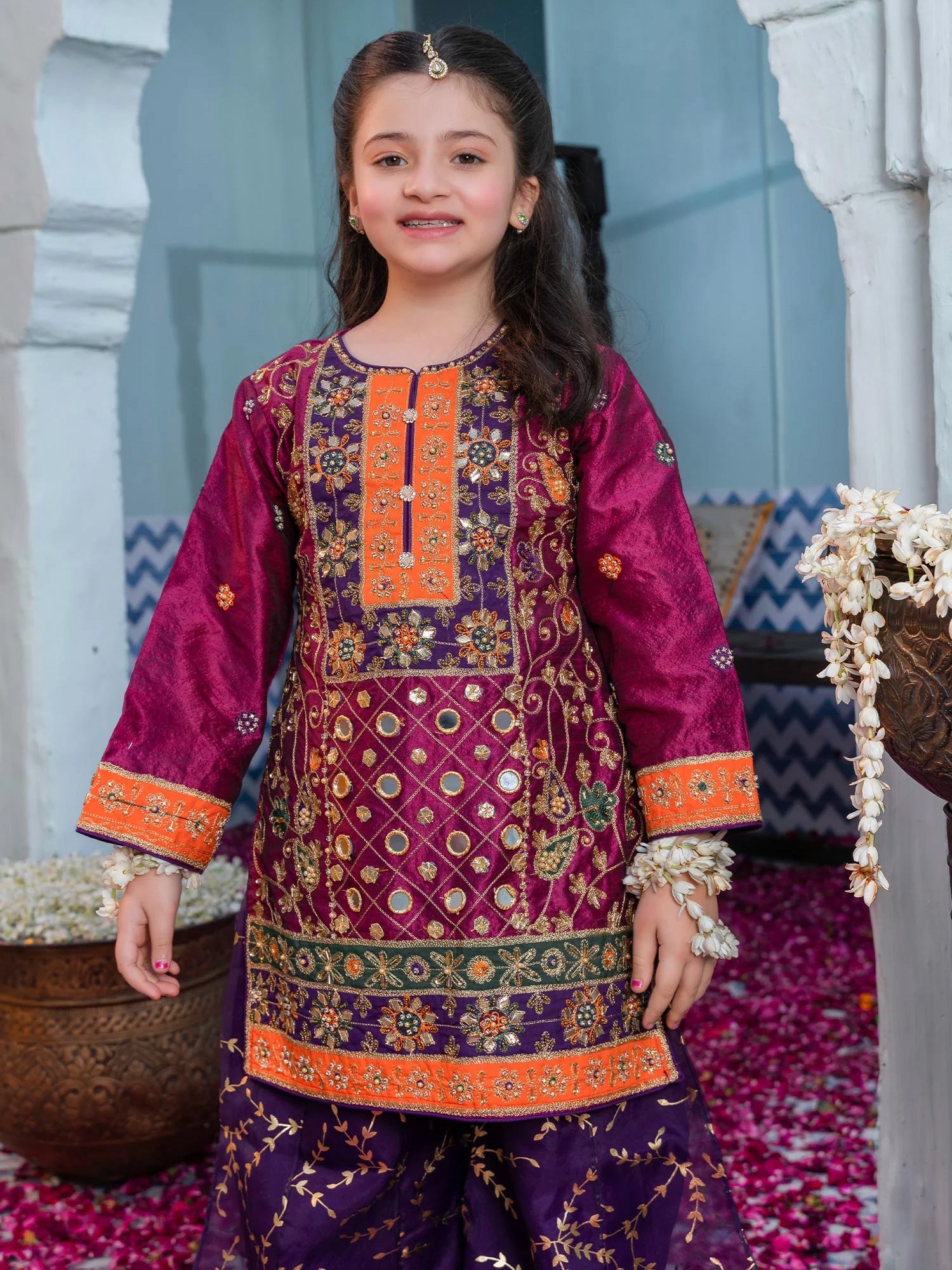 Ally's Kids Pink & Purple Raw Silk Suit with Sharara (AL-3254)