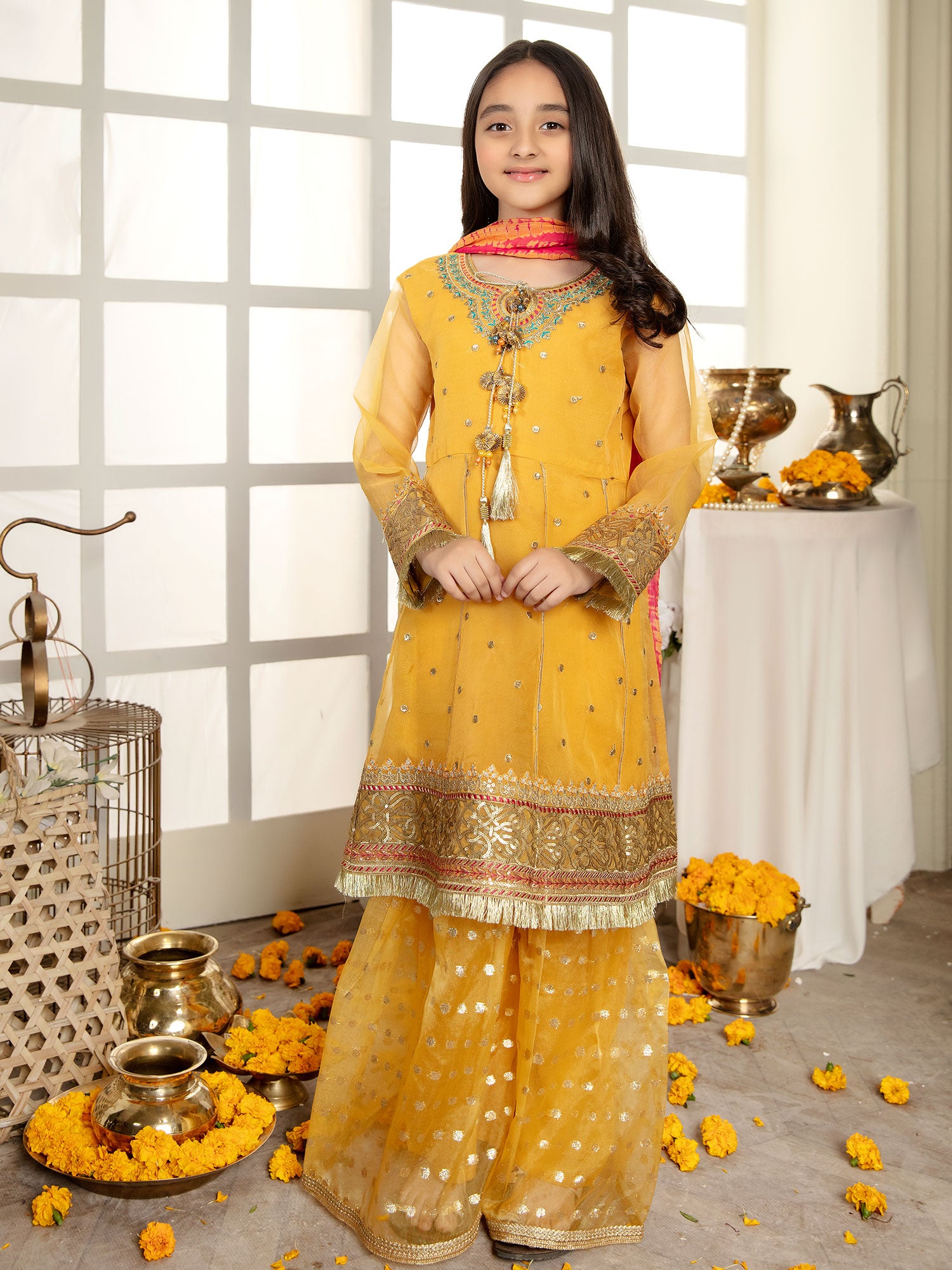 Ally's Kids Yellow Organza Suit with Gharara (AL-3267)