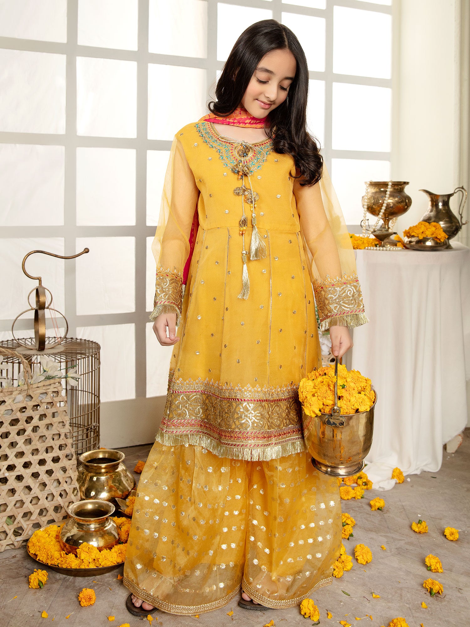 Ally's Kids Yellow Organza Suit with Gharara (AL-3267)