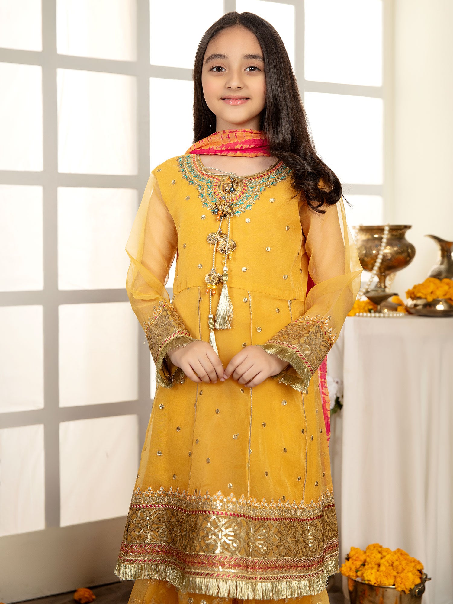 Ally's Kids Yellow Organza Suit with Gharara (AL-3267)