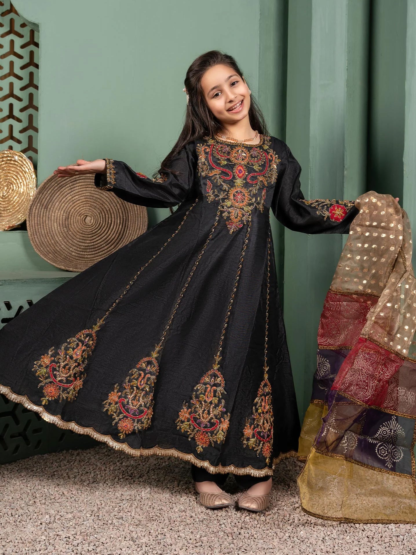 Ally's Kids Black Raw Silk Long Frock Suit (AL-3289)