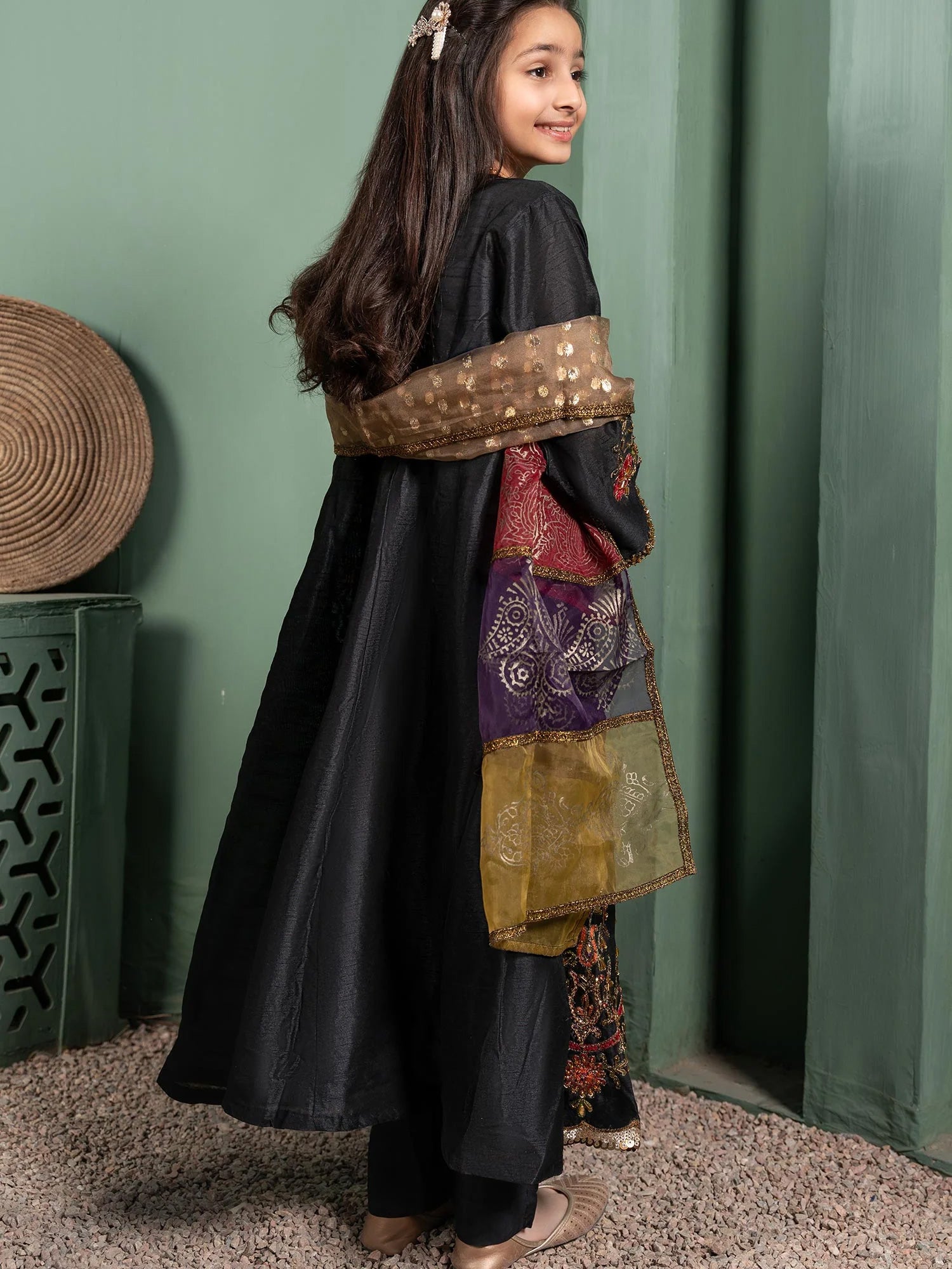 Ally's Kids Black Raw Silk Long Frock Suit (AL-3289)