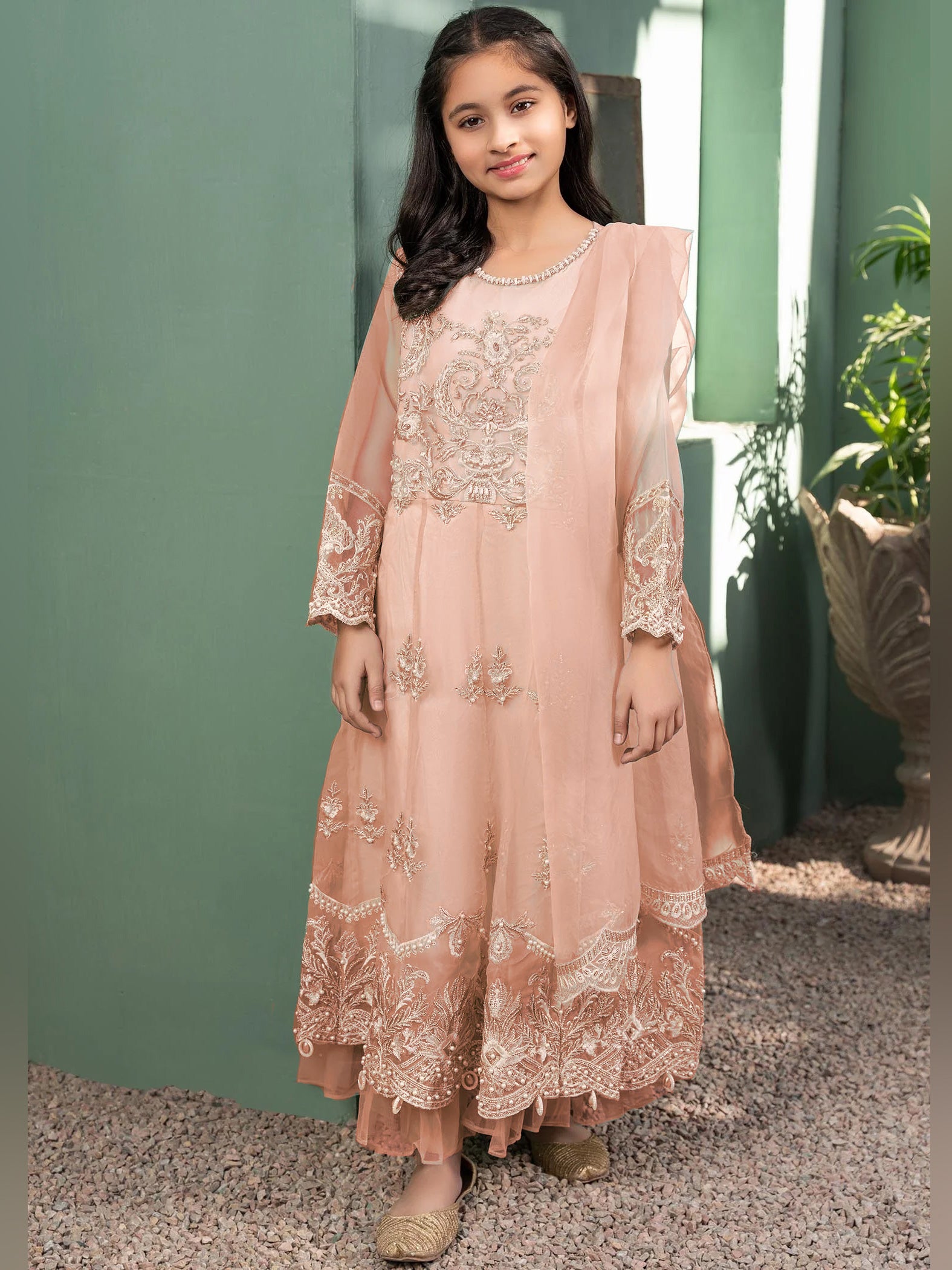 Ally's Kids Peach Organza Maxi Suit (AL-3309)